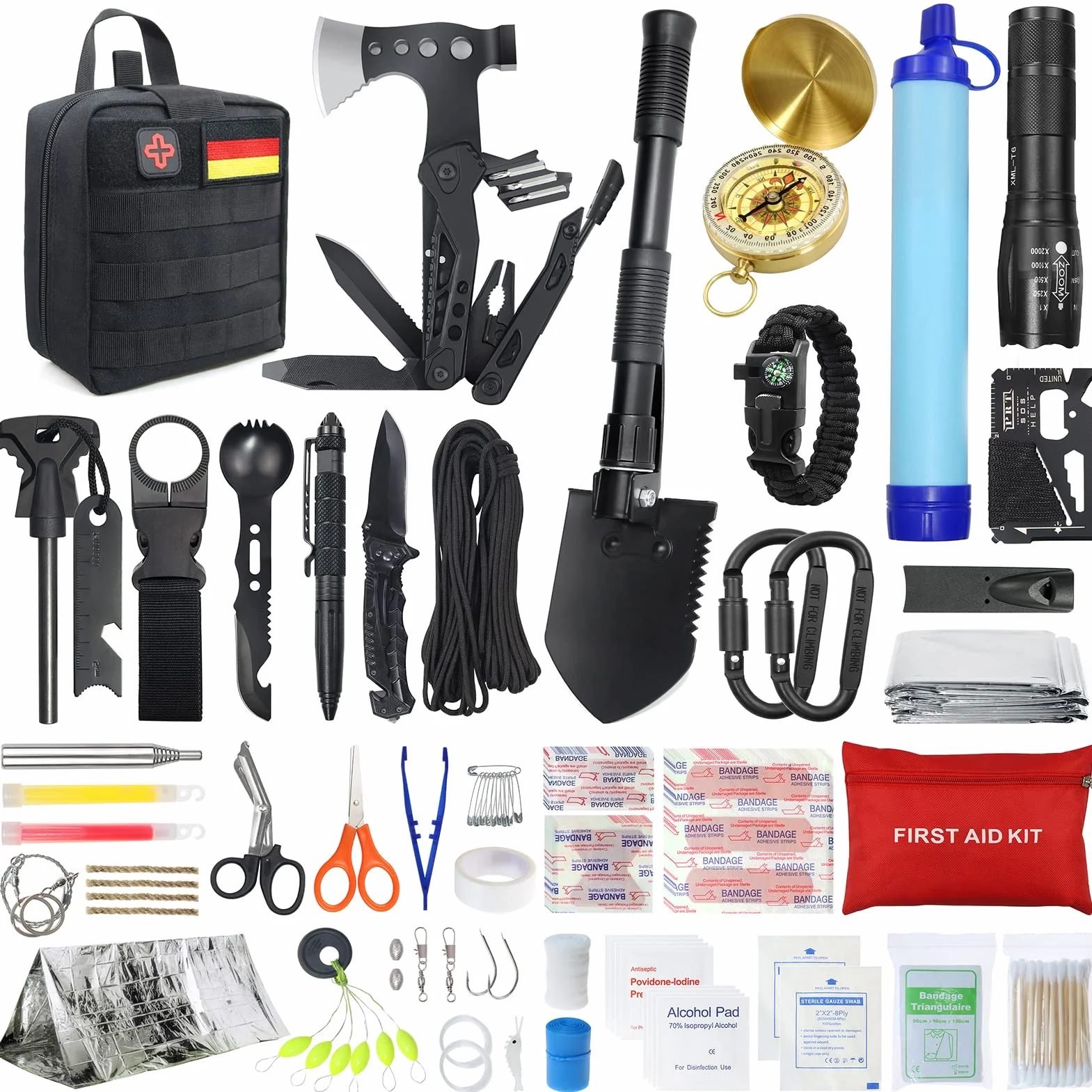 Kit de supervivencia para camping 180 piezas con botiquín, filtro de agua y hacha multifuncional