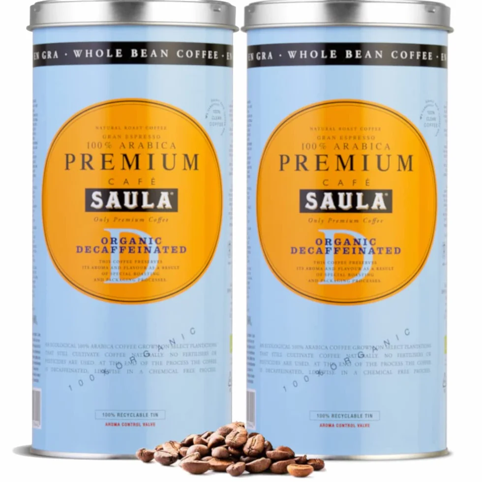 Café Saula grano, Pack 2 botes de 500 gr. Premium Ecológico Descafeinado 100% arábica
