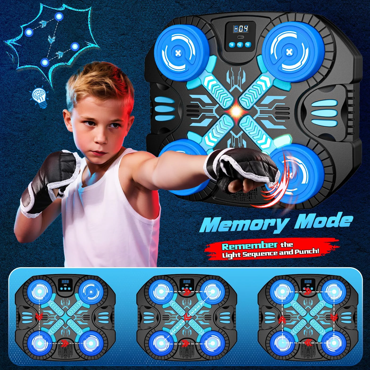 Máquina de Boxeo Musical para Niños con Guantes, Bluetooth, 3 Modos de Juego, Pantalla LED, Saco de Boxeo de Pared, Juguete 3-12 años