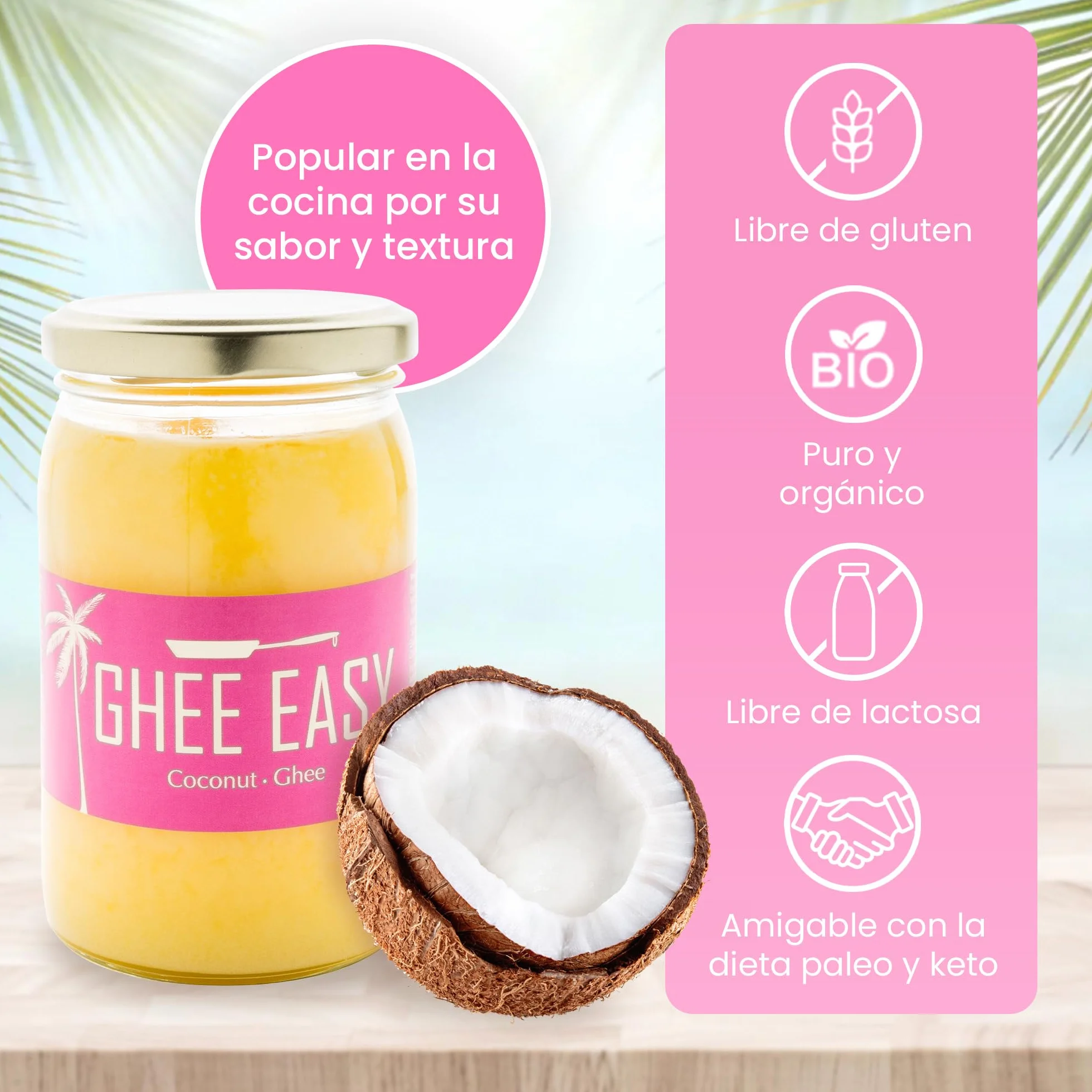 Ghee Easy Bio Ghee y Coco Mezcla 500g - 50% Ghee y 50% Aceite de Coco Extra Virgen - 100% Orgánico y Biológico - Sin Lactosa y Sin Gluten