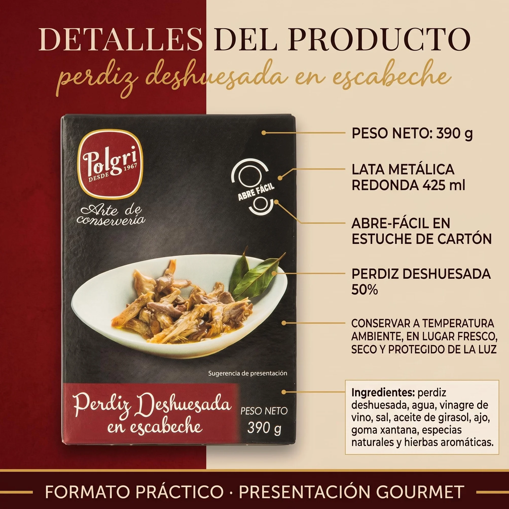 POLGRI Perdiz Deshuesada en Escabeche 390 g Lata Conserva Gourmet Carne de Caza