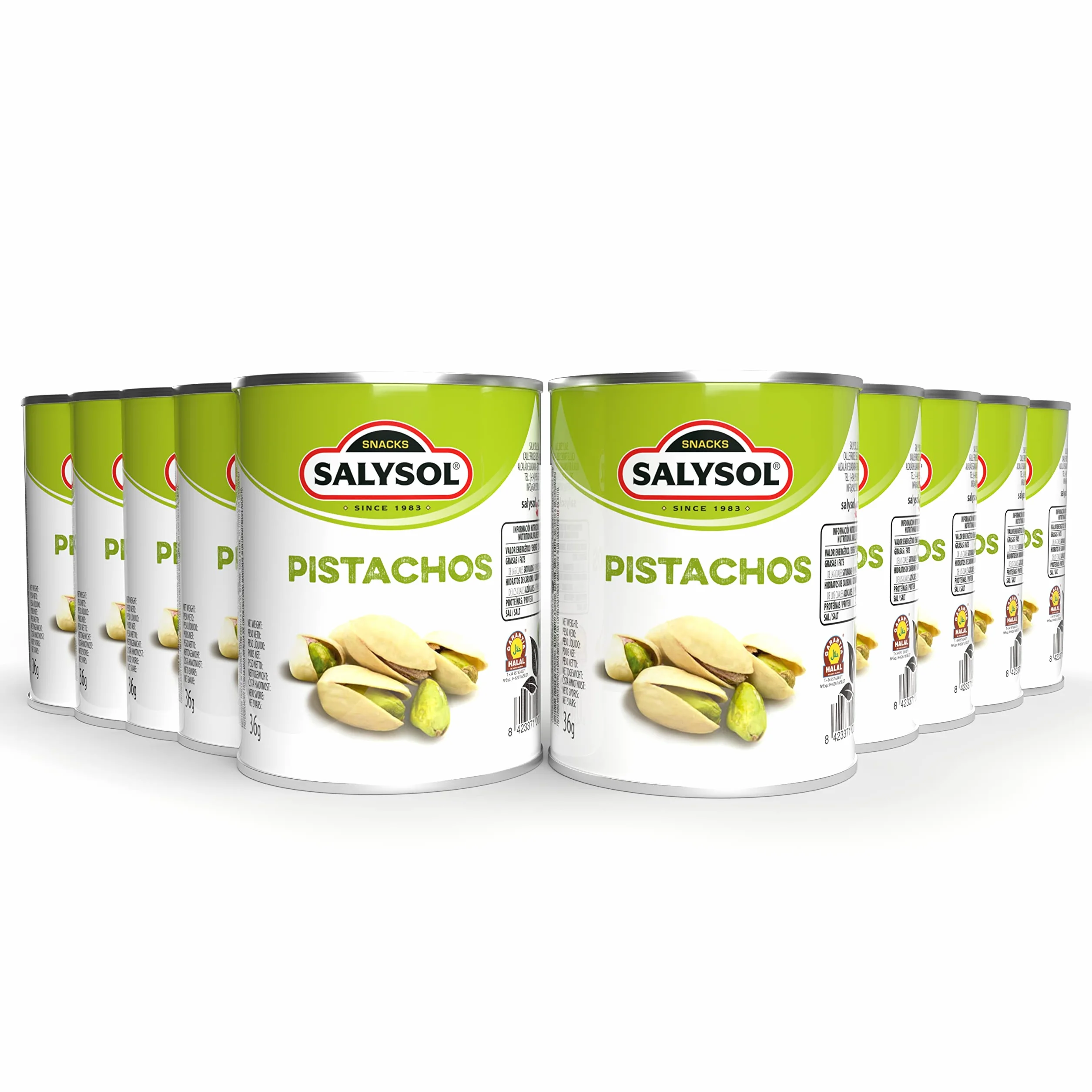 SALYSOL | Pistachos aperitivos salados envasados al vacío 10x36 gramos.