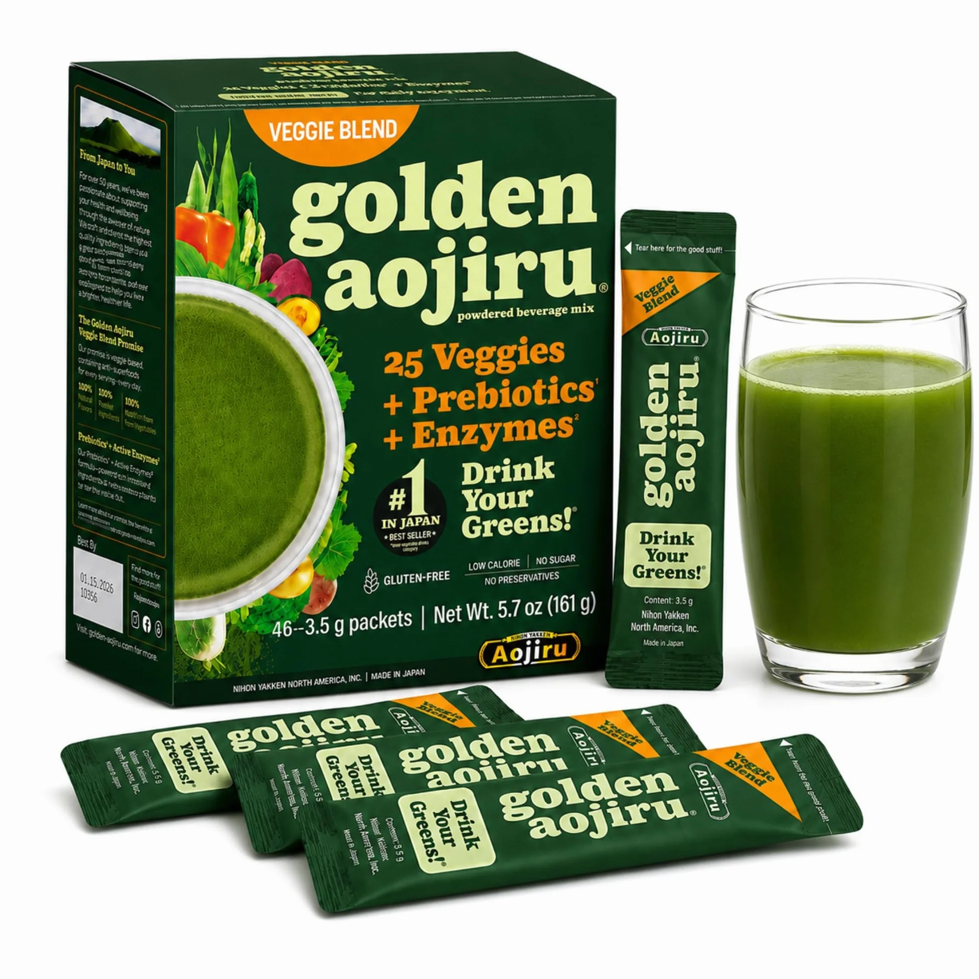 Golden Aojiru Veggie Blend - Greens Powder with 25 Superfood Vegetables, Gluten-Free, Low Calorie, No Sugar, 46 Packets - Made in Japan