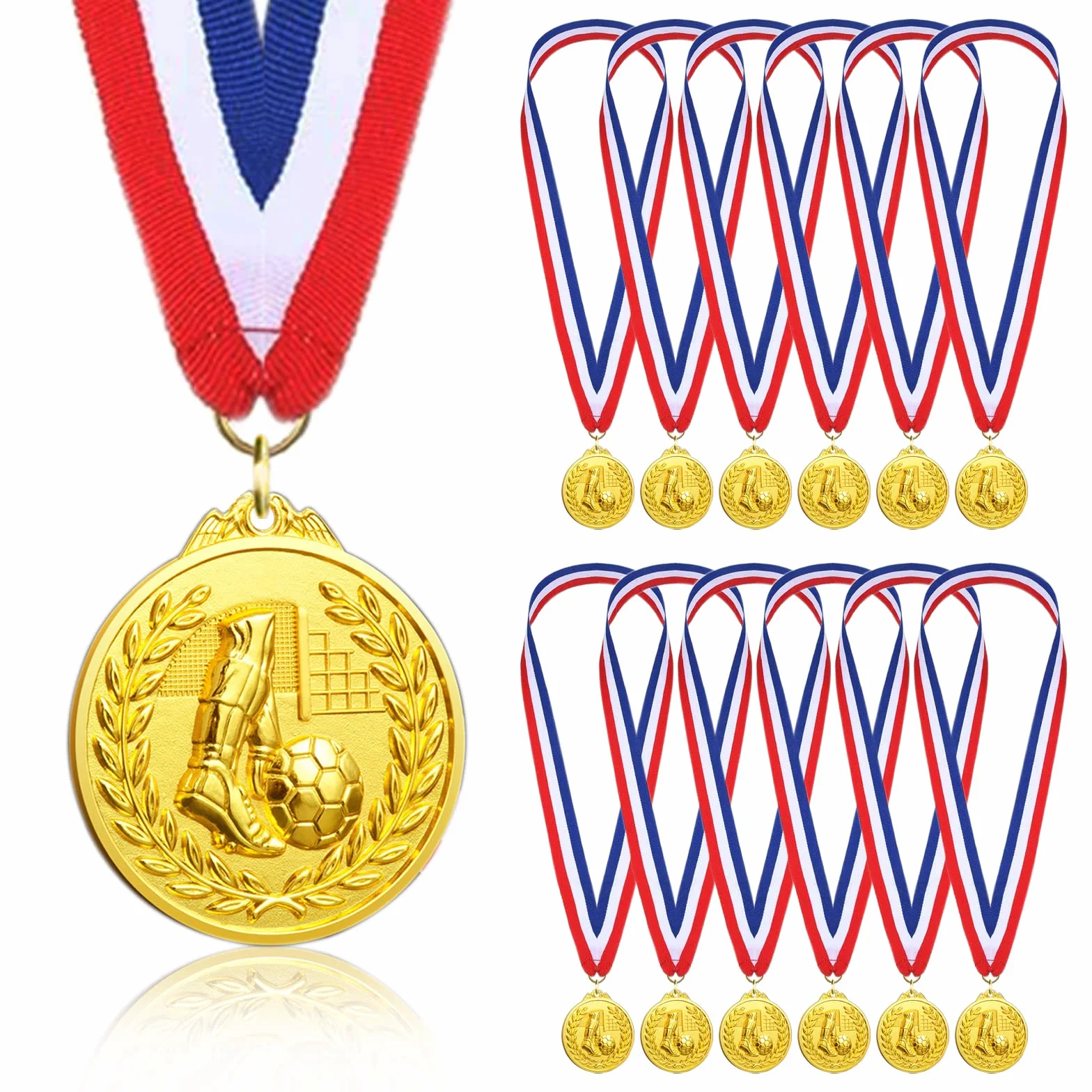 Donrime Medallas Niños Metal Futbol, Paquete de 12 Medallas de Metal Dorado con Cinta Tricolor