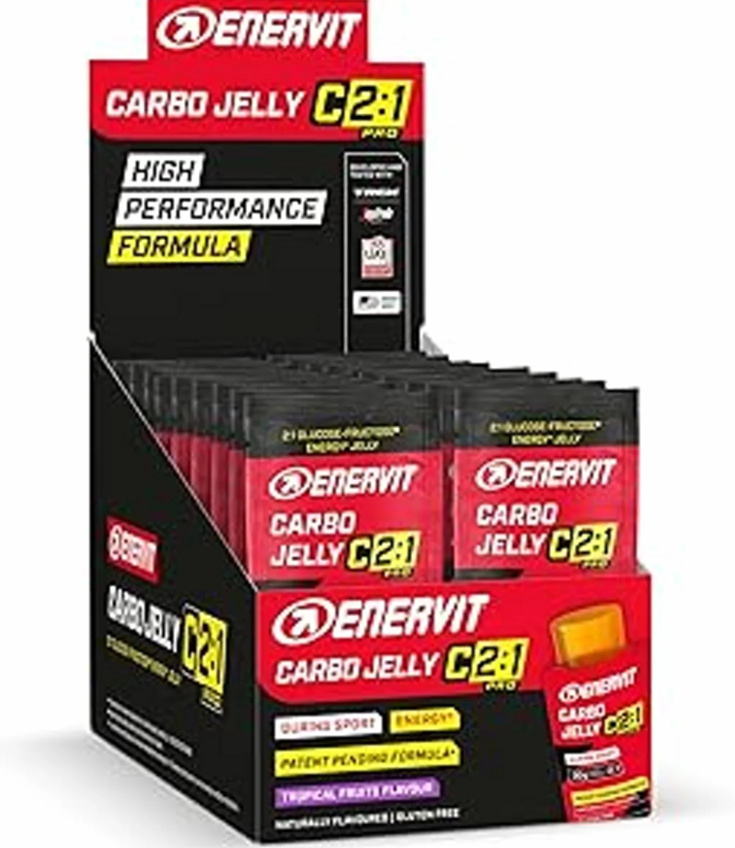Enervit Carbo Jelly C2:1PRO, Gelatinas Energéticas para Actividades de Resistencia de Alta Intensidad, 30g de Carbohidratos, Sabor Tropical, Máxima Tolerancia, Sin Gluten, Vegano, Caja de 20 Paquetes