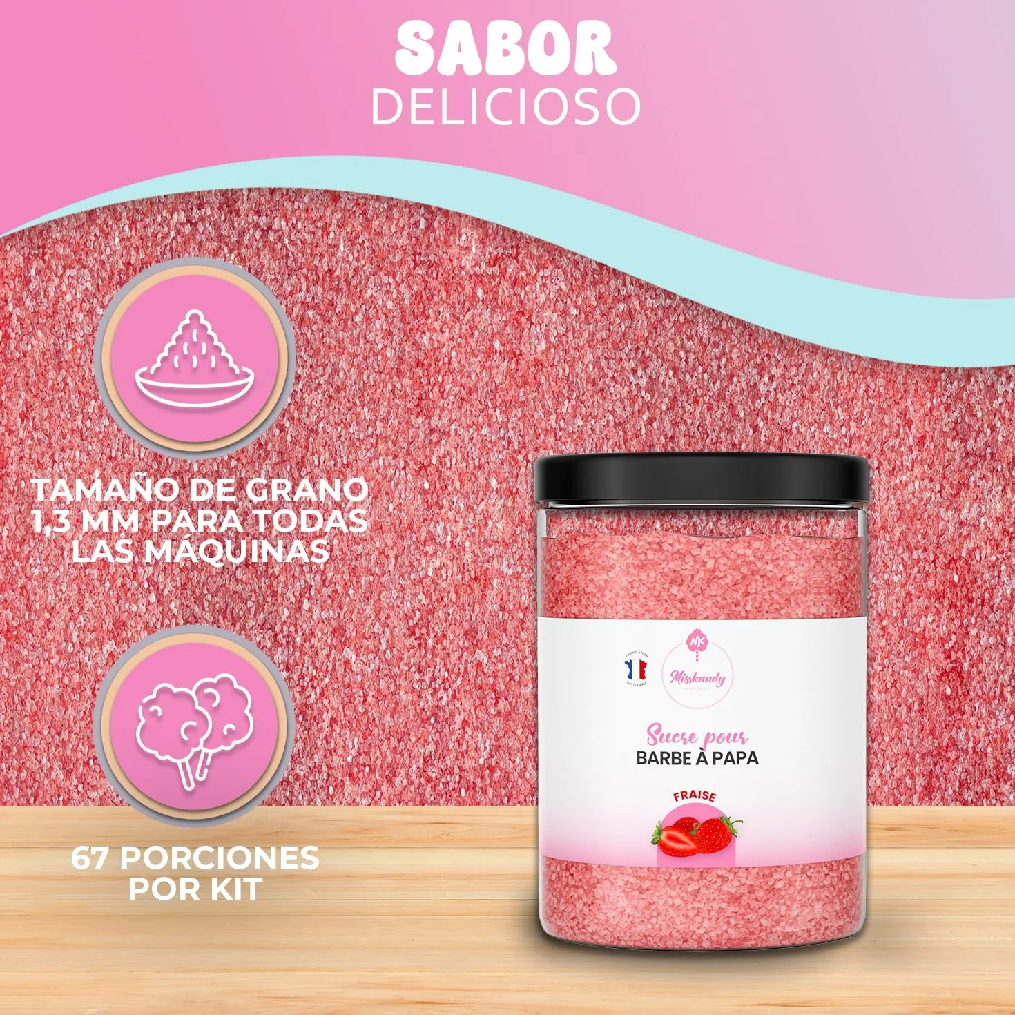 Misskandy-Azúcar para Algodón de Azúcar, Fresa 1,4 kg (Sabores y Colorantes Naturales) +50palitos