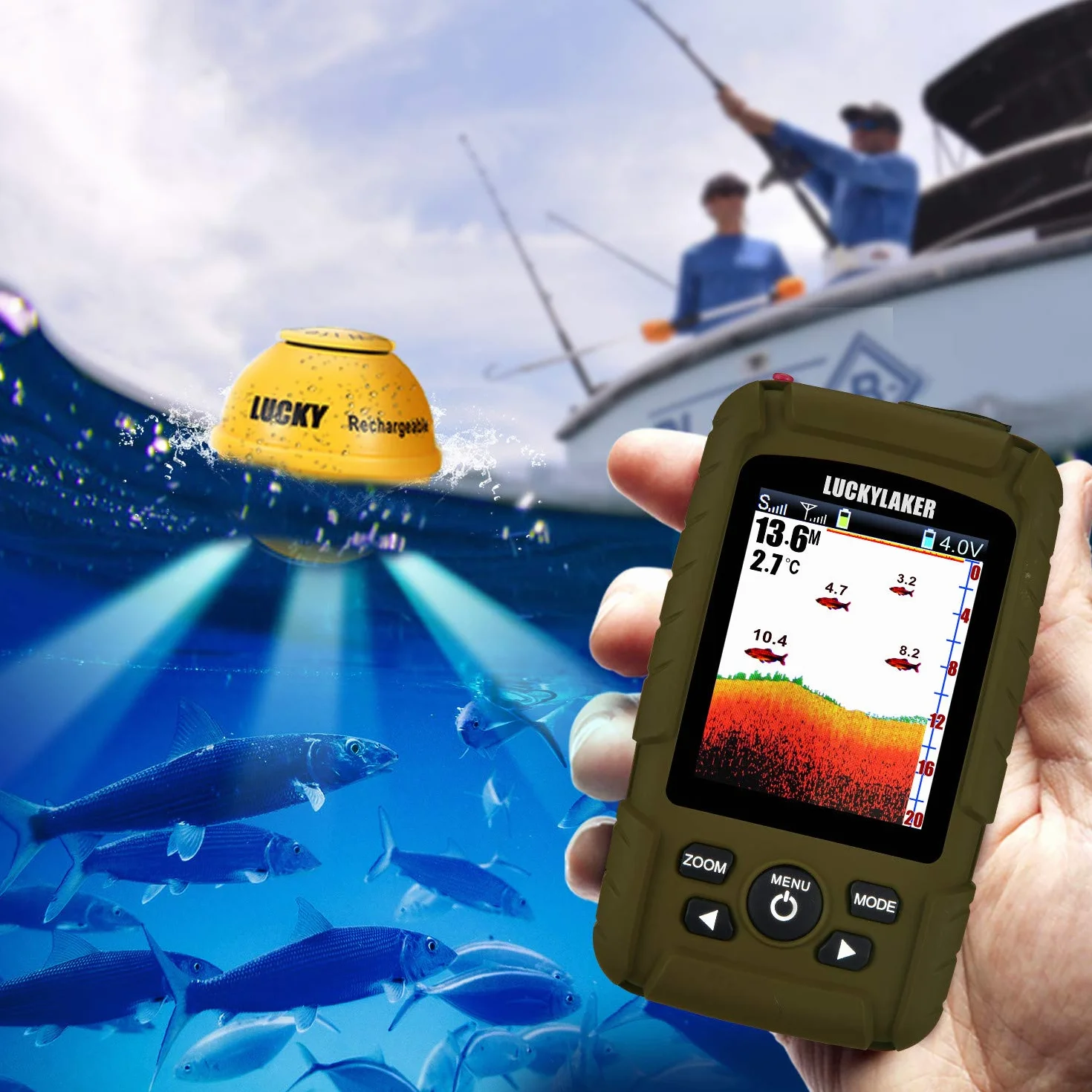 LUCKY Buscador de Peces Inalámbrico de Mano con Transductor Impermeable para Pesca en Hielo Kayak Mar