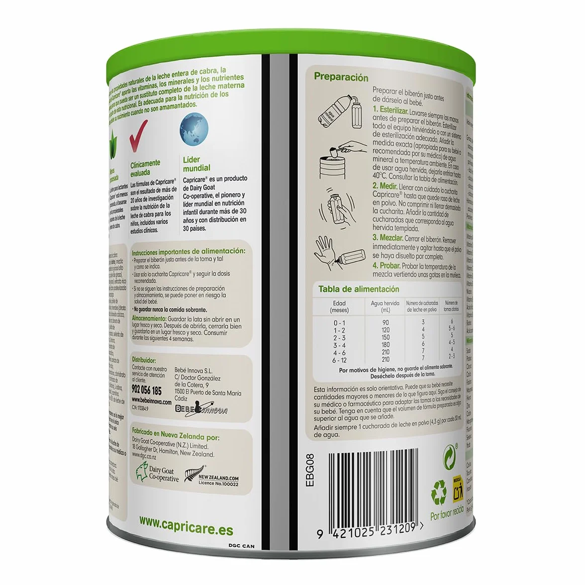 Capricare 1 Leche de Cabra en Polvo 800 g Fórmula para Bebés 0-6 Meses