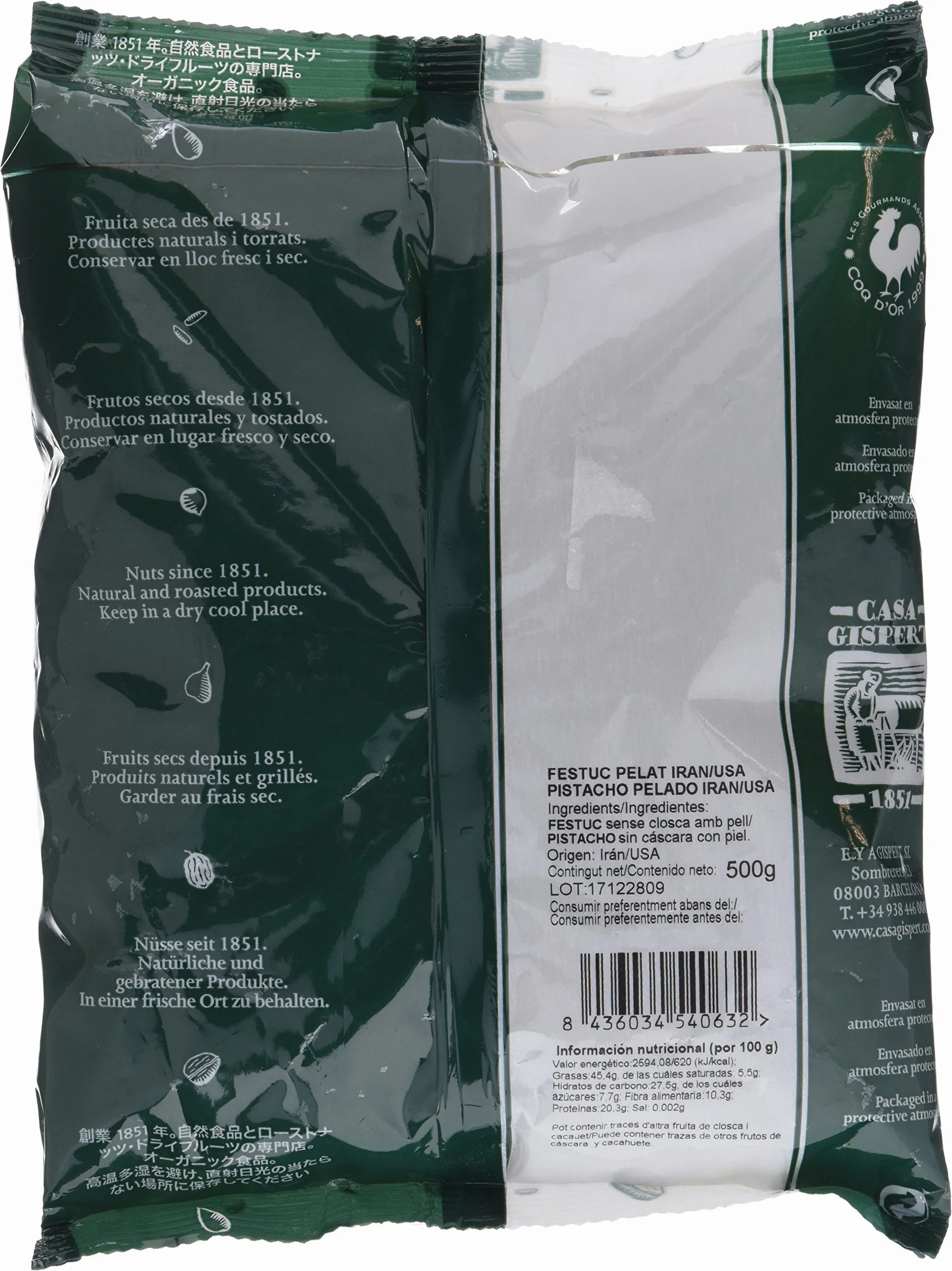 Casa Gispert - Pistacho - Sin Gluten, Vegano (500g, Crudo - Sin Cáscara - País)