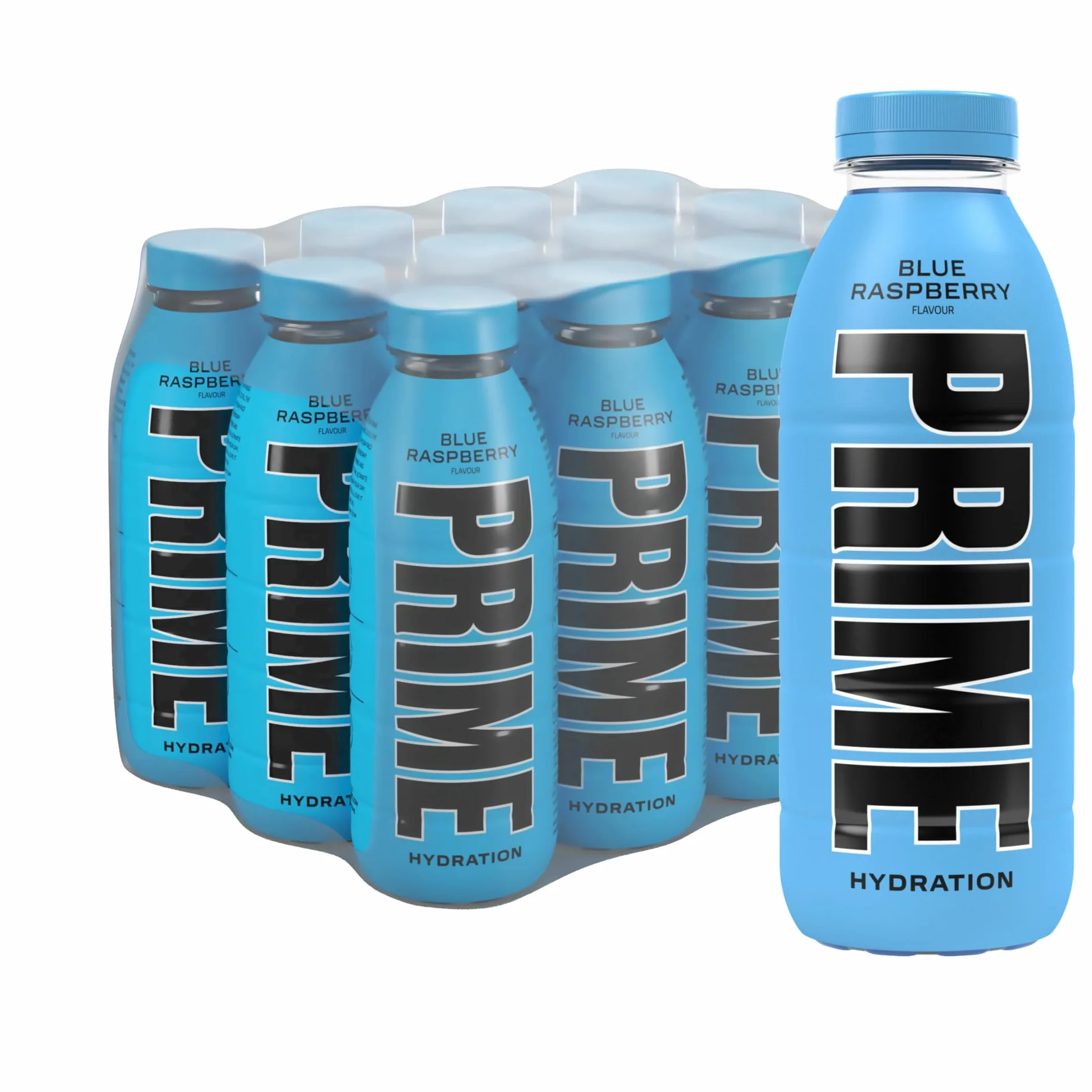 PRIME Hydration Blue Raspberry, Bebidas deportivas, Electrolitos mejorados para reponer líquidos, 250 mg de BCAA, vitaminas B, antioxidantes, bajo contenido en azúcar, 16,9 fl oz, paquete de 12