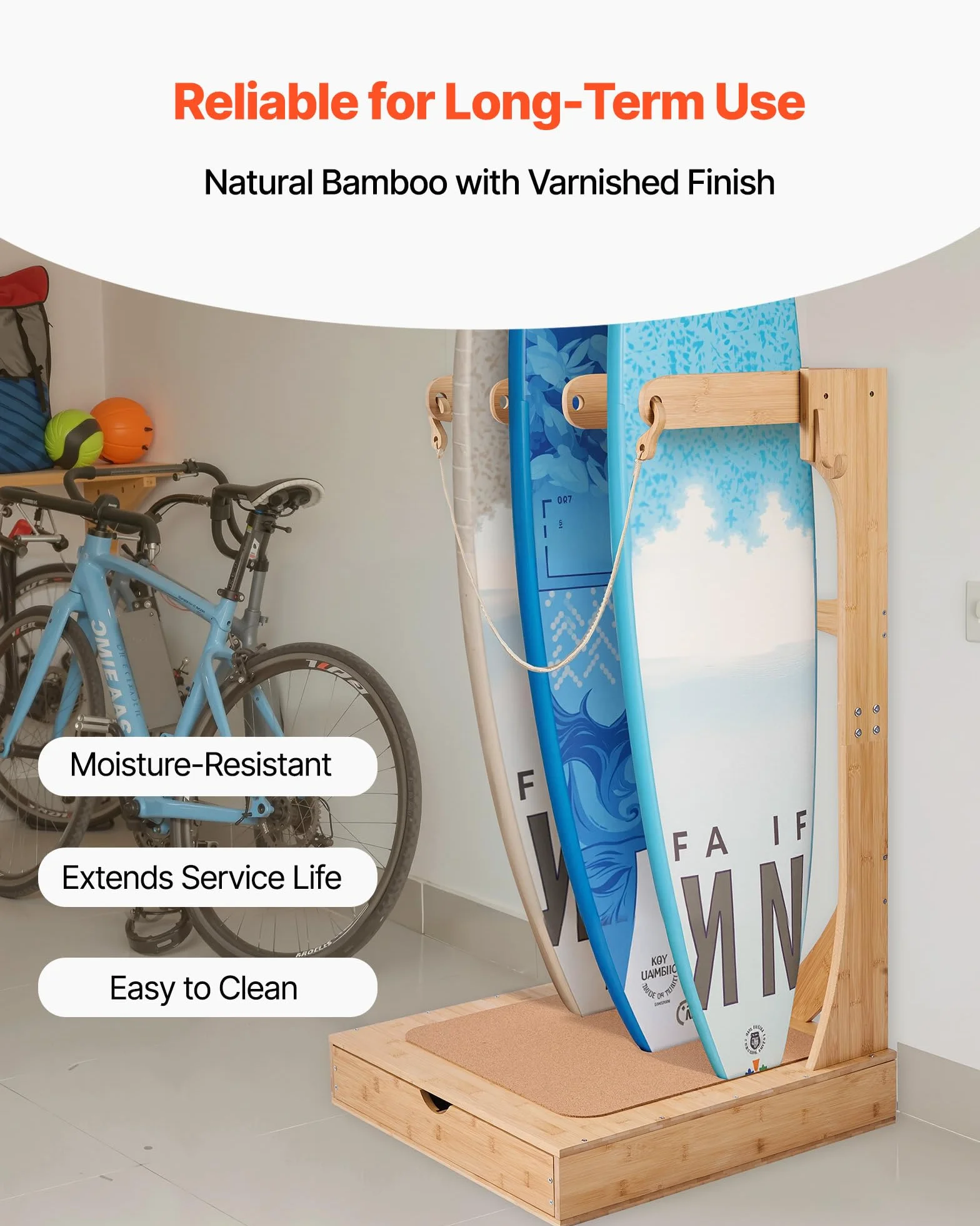 VEVOR Soporte Vertical para Tablas de Surf, Estante de Madera de 3 Niveles con Ganchos y Cajones