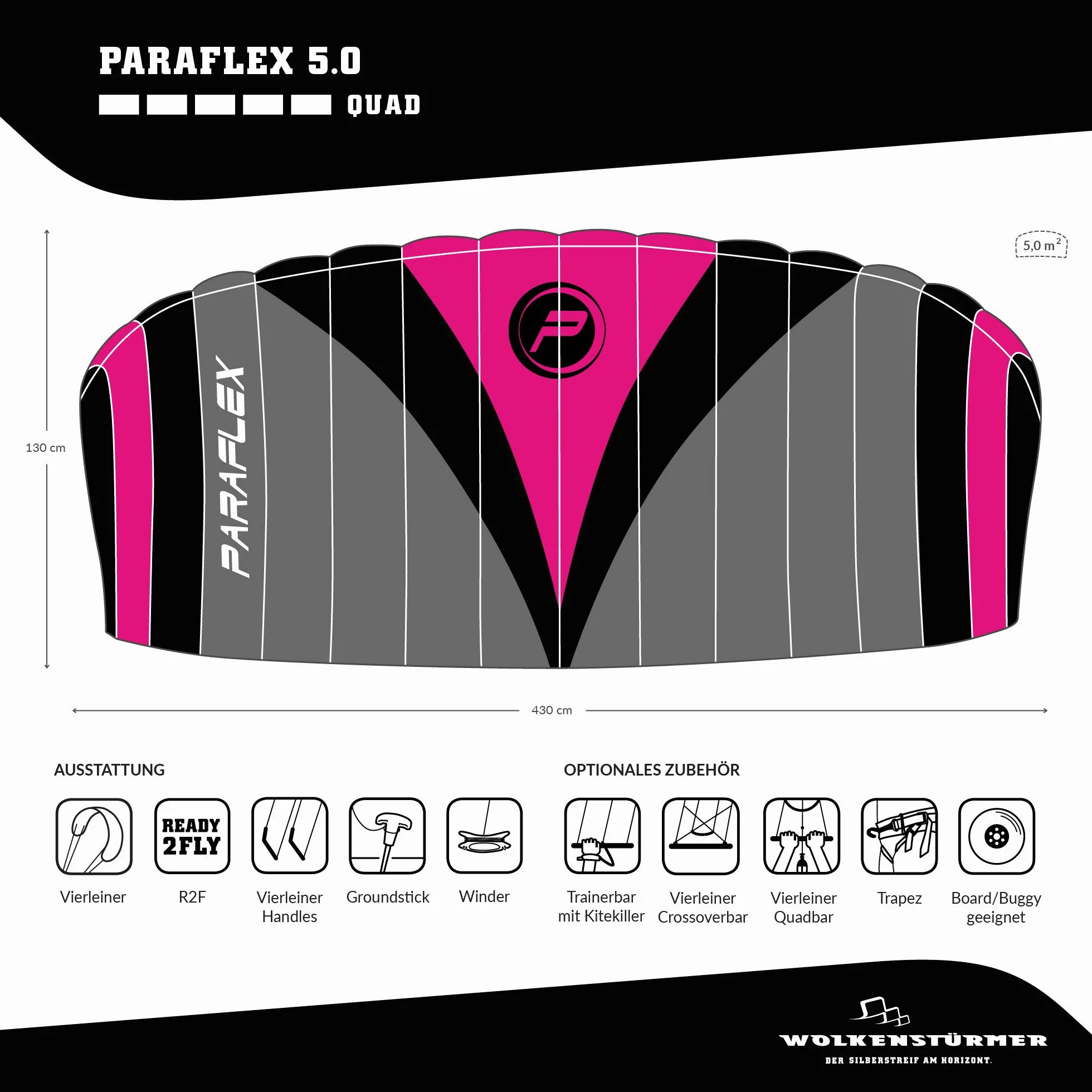 Wolkenstürmer Paraflex Quad 5.0 Alfombra de dirección de acción 4 líneas Cometa Asas