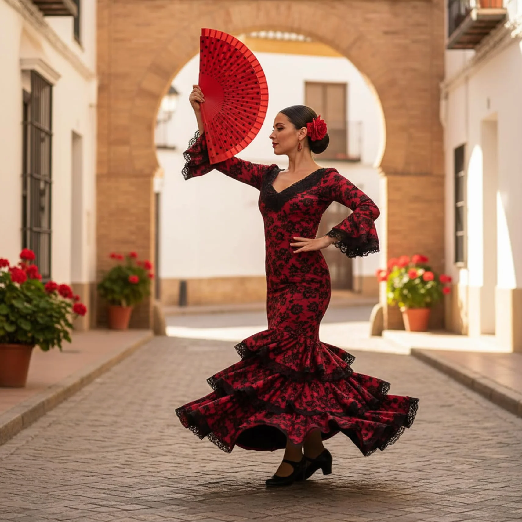Abanico español pintado a mano lunares rojos algodón mango madera plegable flamenco