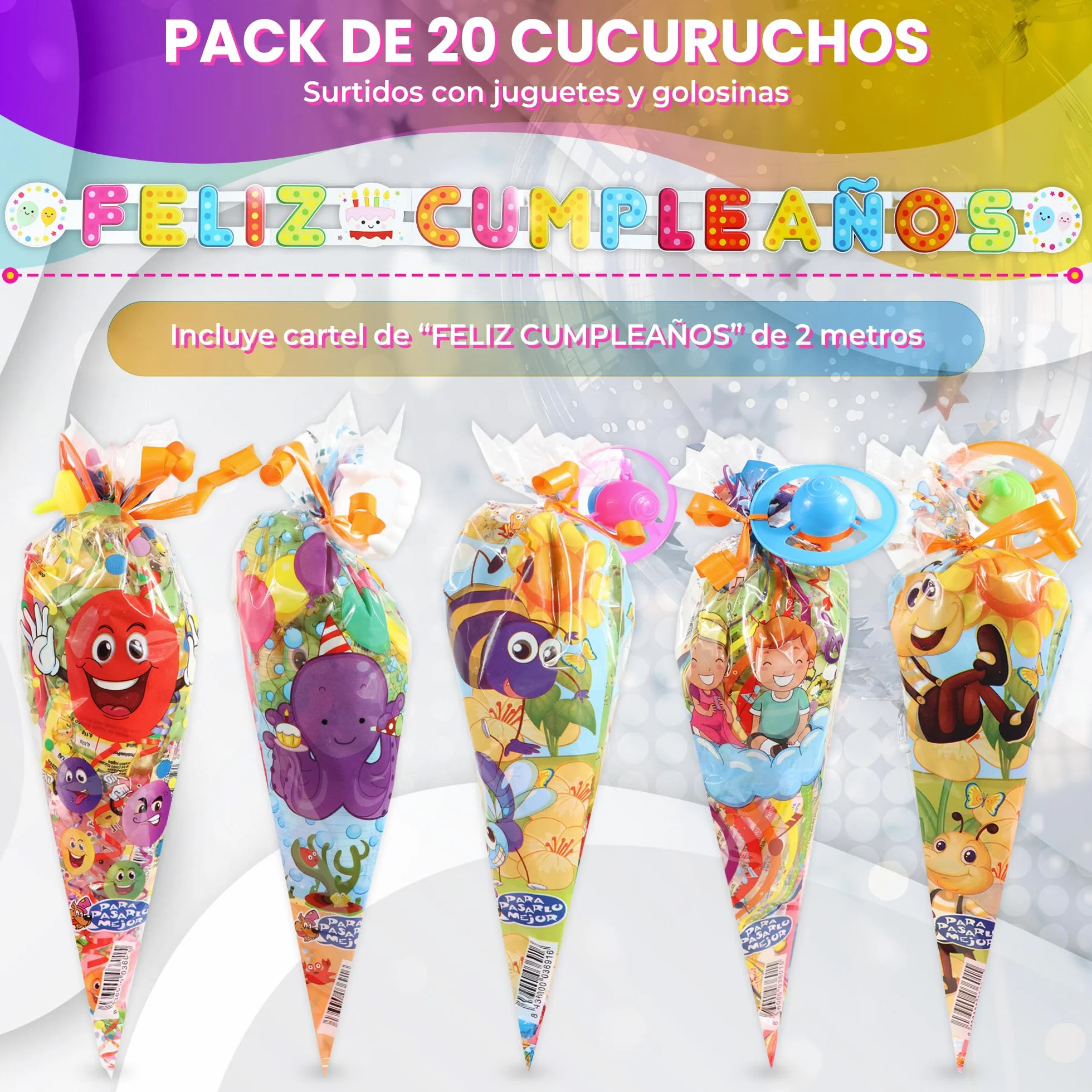 20 Conos Chuches Cumpleaños SIN GLUTEN - Bolsas Chuches Cumpleaños Rellenas - Cucuruchos Chucherías preparados para fiestas Infantiles - Cucuruchos rellenos de golosinas listos para regalar
