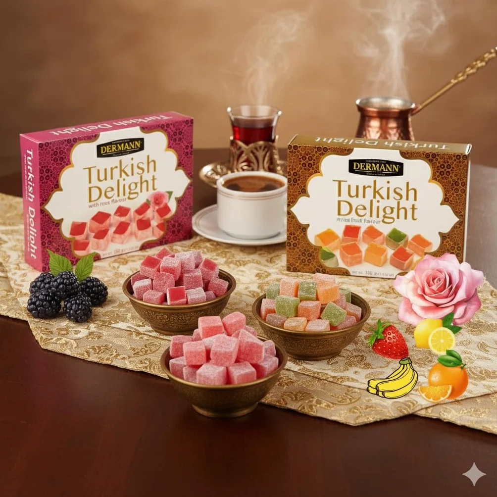 Delicias turcas 4x100g (Set de 4 Sabores: Rosa, Frutas, Frutos Secos y Granada) | Sin gluten | Confitería tradicional de lujo | Vegano, Halal, El Mejor Lokum Turco, Loukoumi