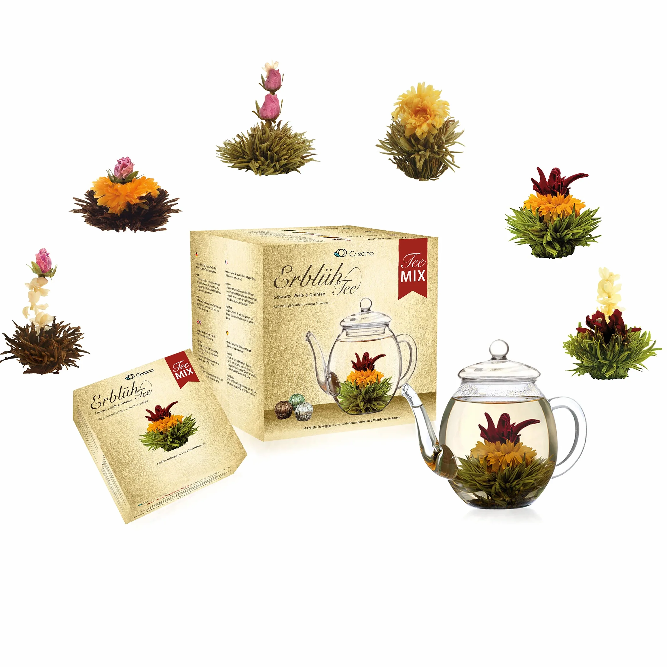 Creano Cofre de Oro Mezcla Flores de Té 6 uds Tetera de Vidrio 500ml Antigoteo Blanco, Verde y Negro