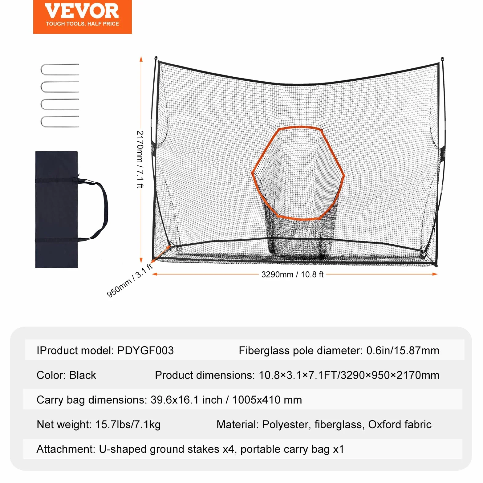 VEVOR Red de Práctica de Golf 329 x 95 x 217 cm Campo Personal Interior Exterior Portátil para Hogar Con Marco de Fibra de Vidrio y Bolsa de Transporte