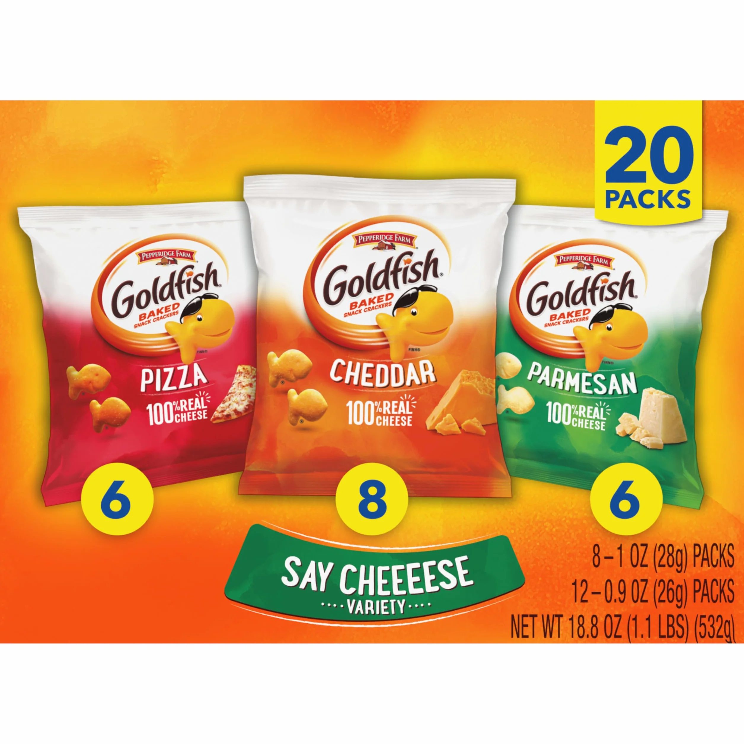 Pepperidge Farm Goldfish Crackers Say Cheeeese variedad con cheddar, pizza y parmesano, 20 paquetes de aperitivos