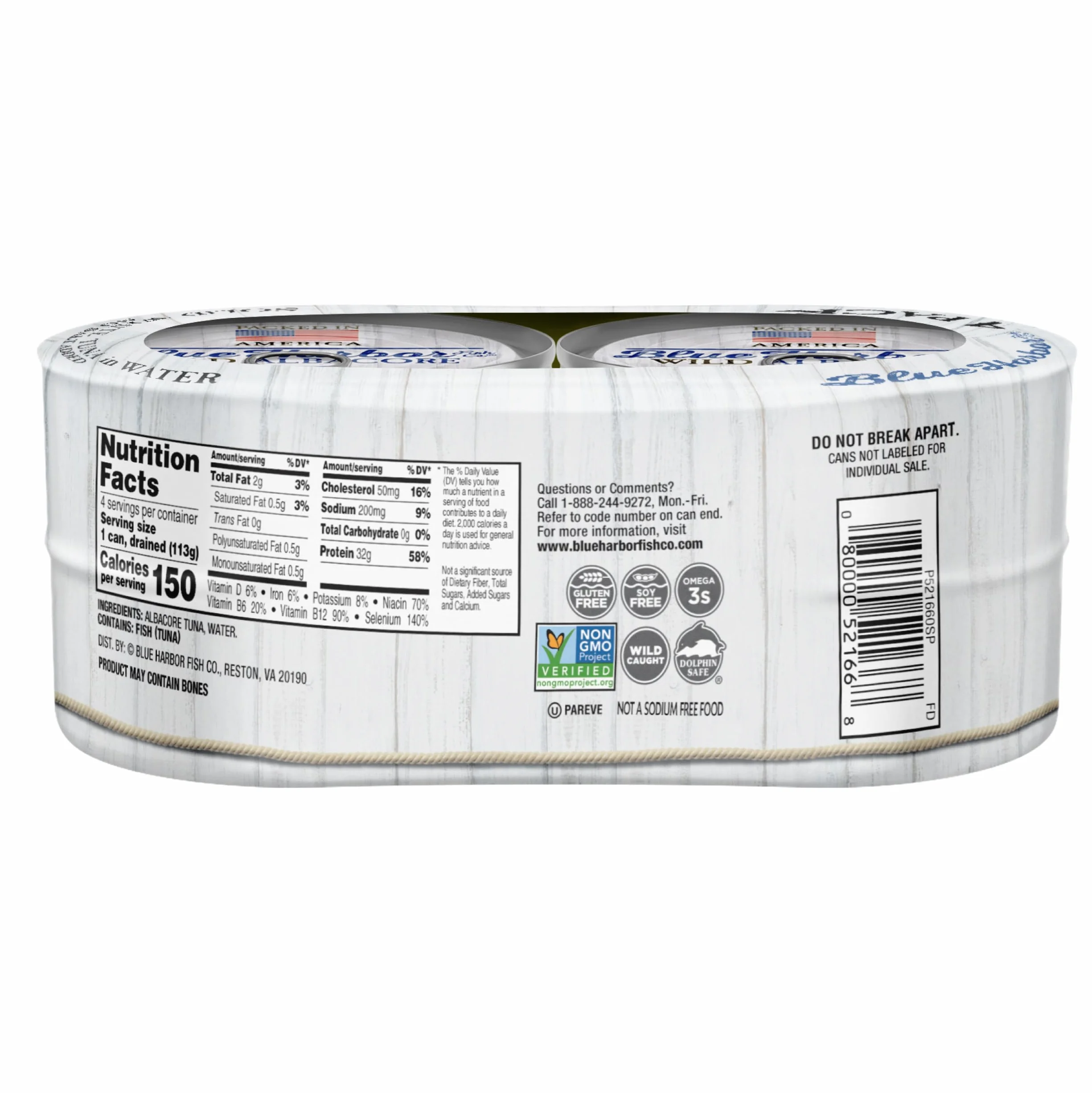 Blue Harbor Fish Co. Atún blanco sólido Wild Albacore en agua, sin sal añadida, atún enlatado de 4.6 onzas (paquete de 4)