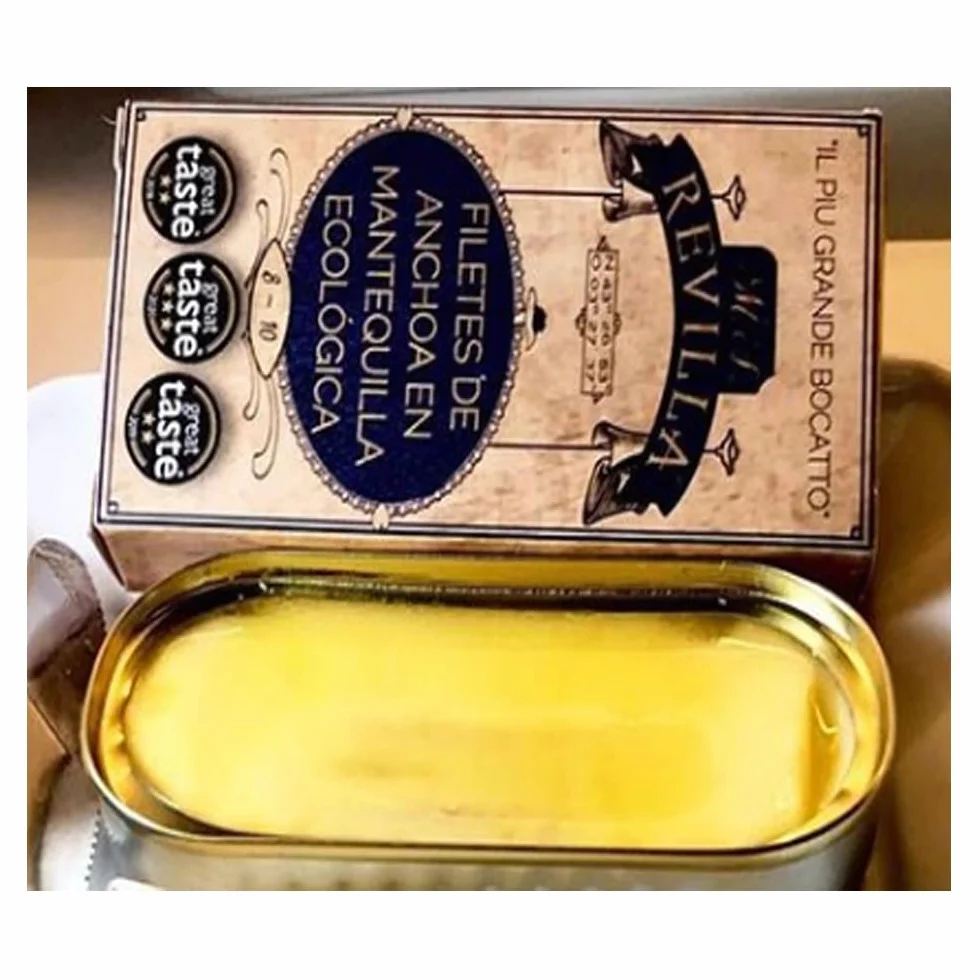 Anchoas Revilla® Anchoas de Santoña en Mantequilla Ecológica I Pack 5 Octavillas (50gr./8-10 lomos) (250gr./40-50 lomos) Anchoas del Cantábrico Gourmet I Conservas y Salazones Gourmet.