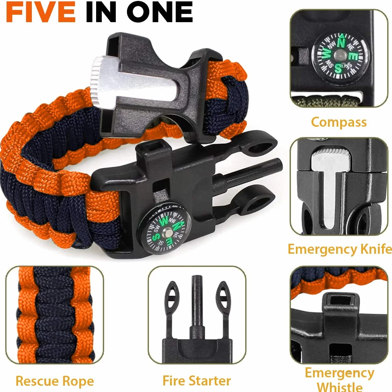 Pulsera Paracord Supervivencia Paquete de 4 con Iniciador Fuego Brújula Silbar Camping Senderismo