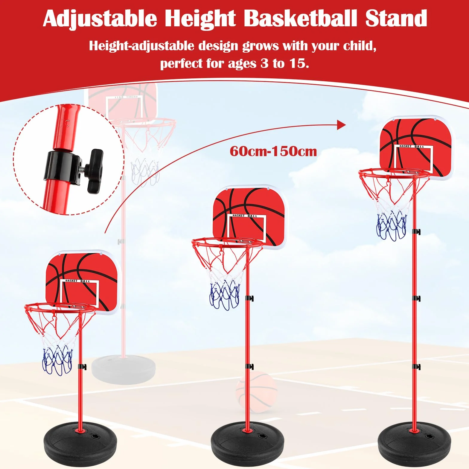 Canasta Baloncesto Infantil Aro Basket Niños Base Exterior Altura Regulable 60-150cm Kit 2 Pelotas Bomba