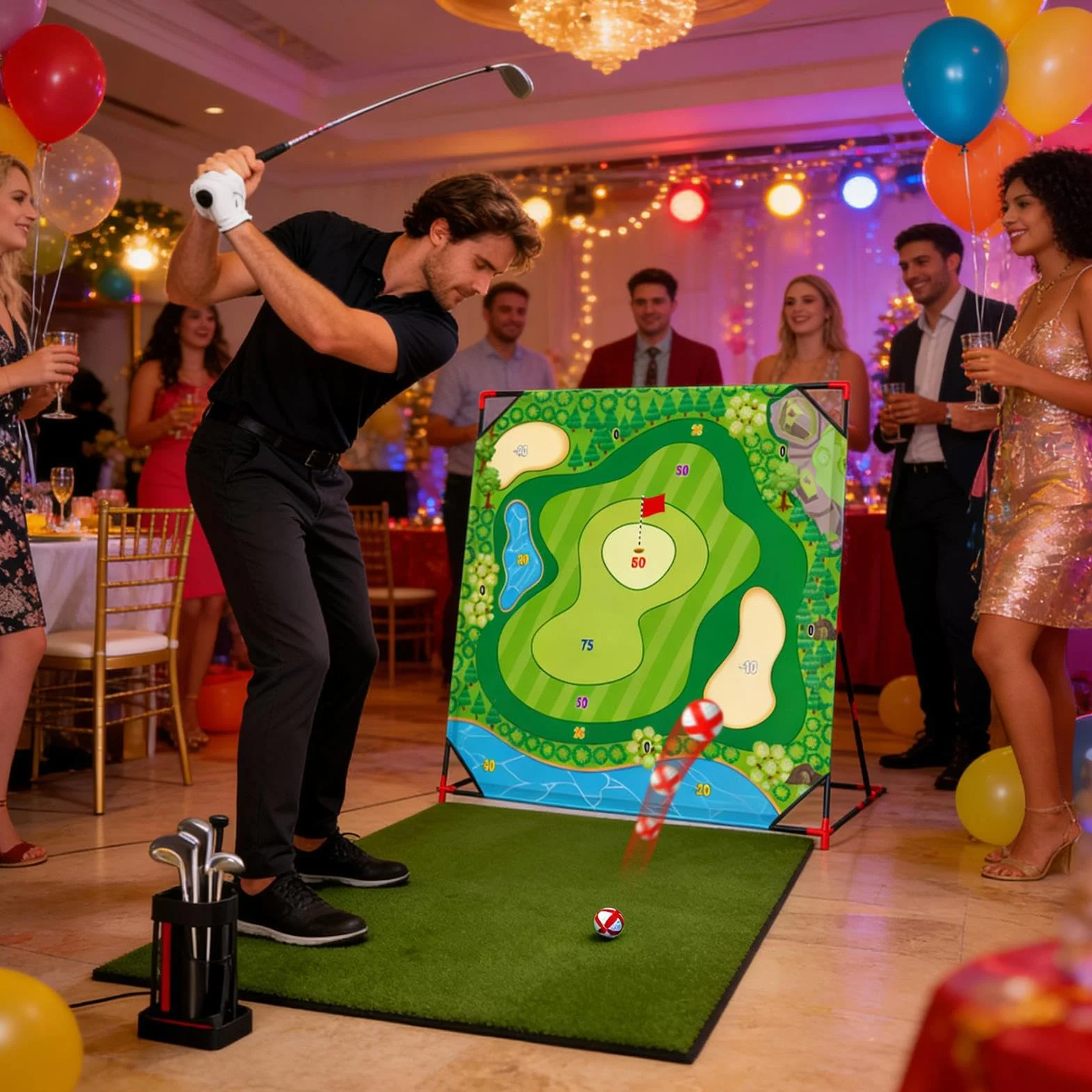 Esterilla de entrenamiento de golf 137 cm con 24 bolas adherentes y soporte