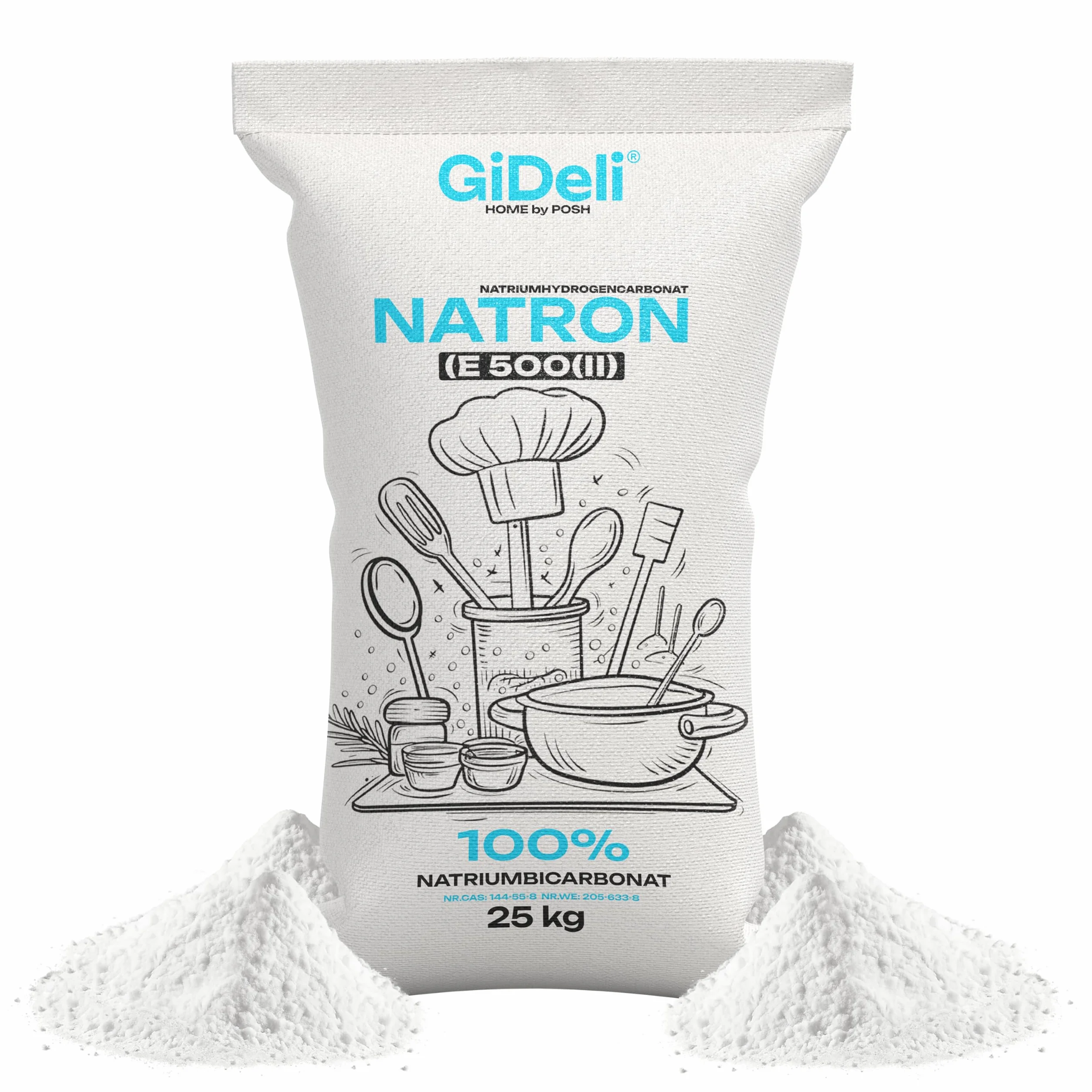 GiDeli Bicarbonato de Sodio 25kg - Perfecto Para Cocinar Pasta y Hornear - También se Utiliza Para Lavar y Limpiar - Uso Versátil en el Hogar - Regulador de la Química del Agua de la Piscina