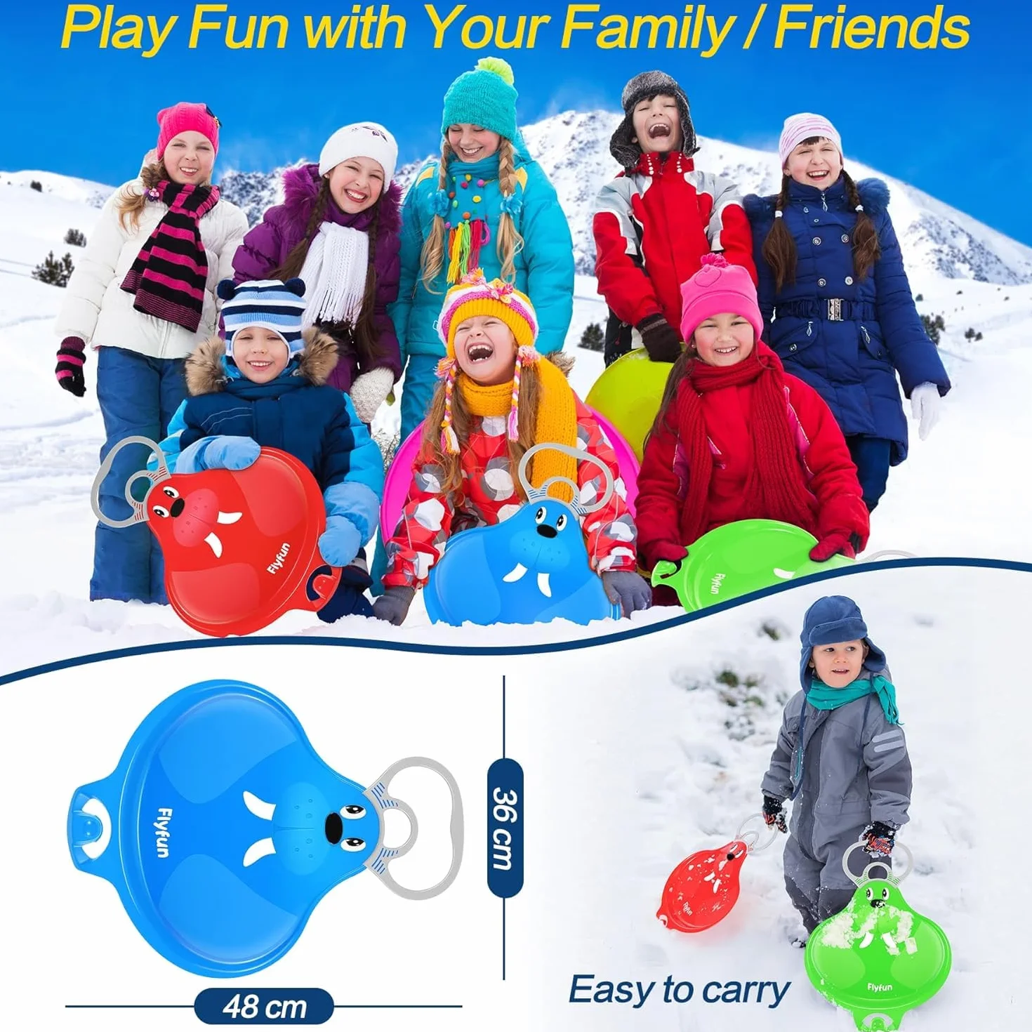Trineo de Nieve para Niños 48×36cm, Juego de Trineo Bob Plástico, Tobogán de Nieve
