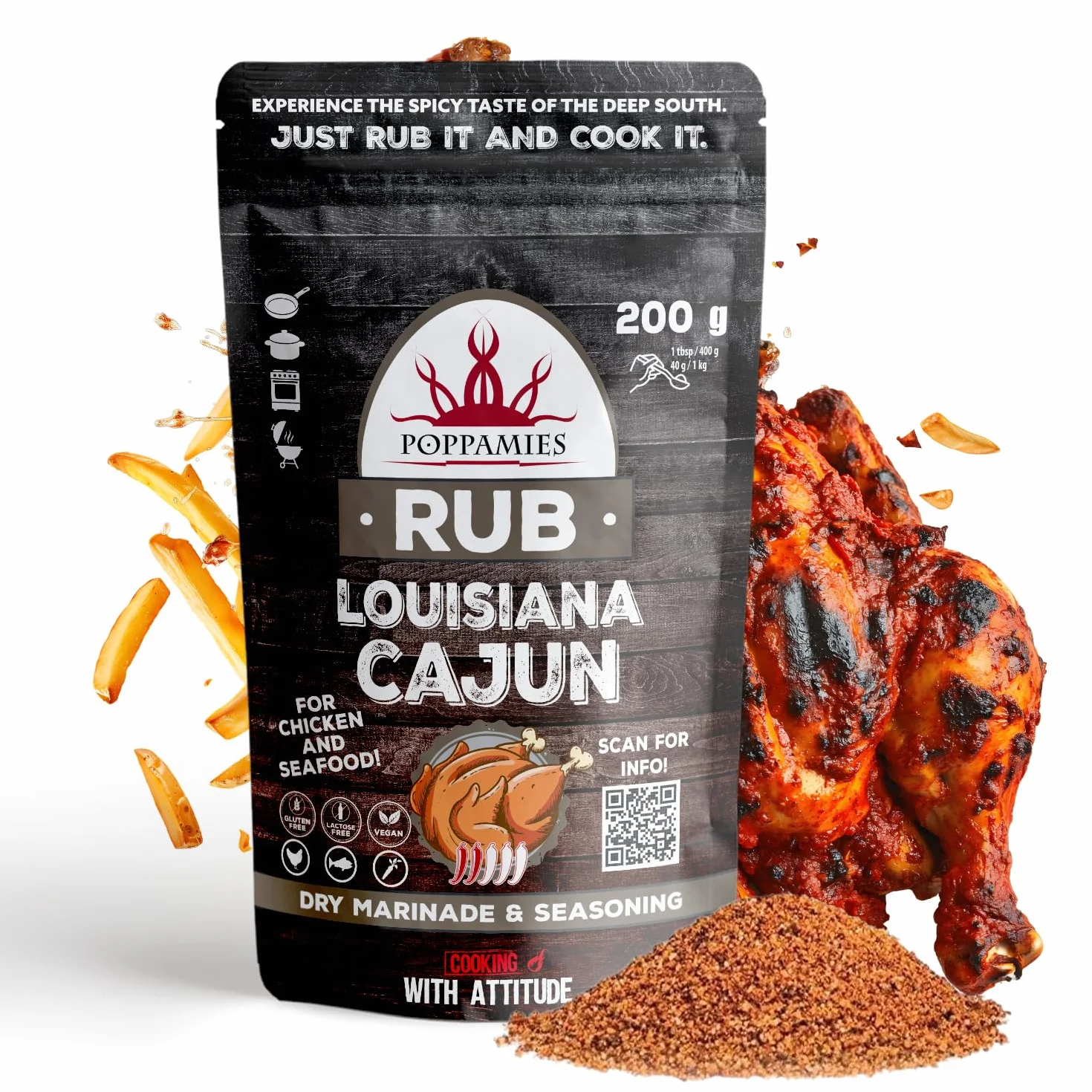 Poppamies Louisiana Sazonador Cajun - Adobo Seco y Condimento perfecto para Pescado, Verduras - Pollo, Ideal para parrilla - Paquete Grande (200 g)