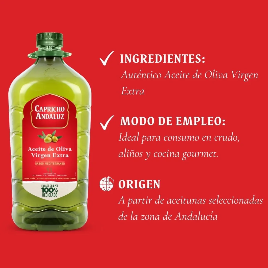 Aceite de Oliva Virgen Extra 5L Capricho Andaluz - Prensado en Frío, Origen Español