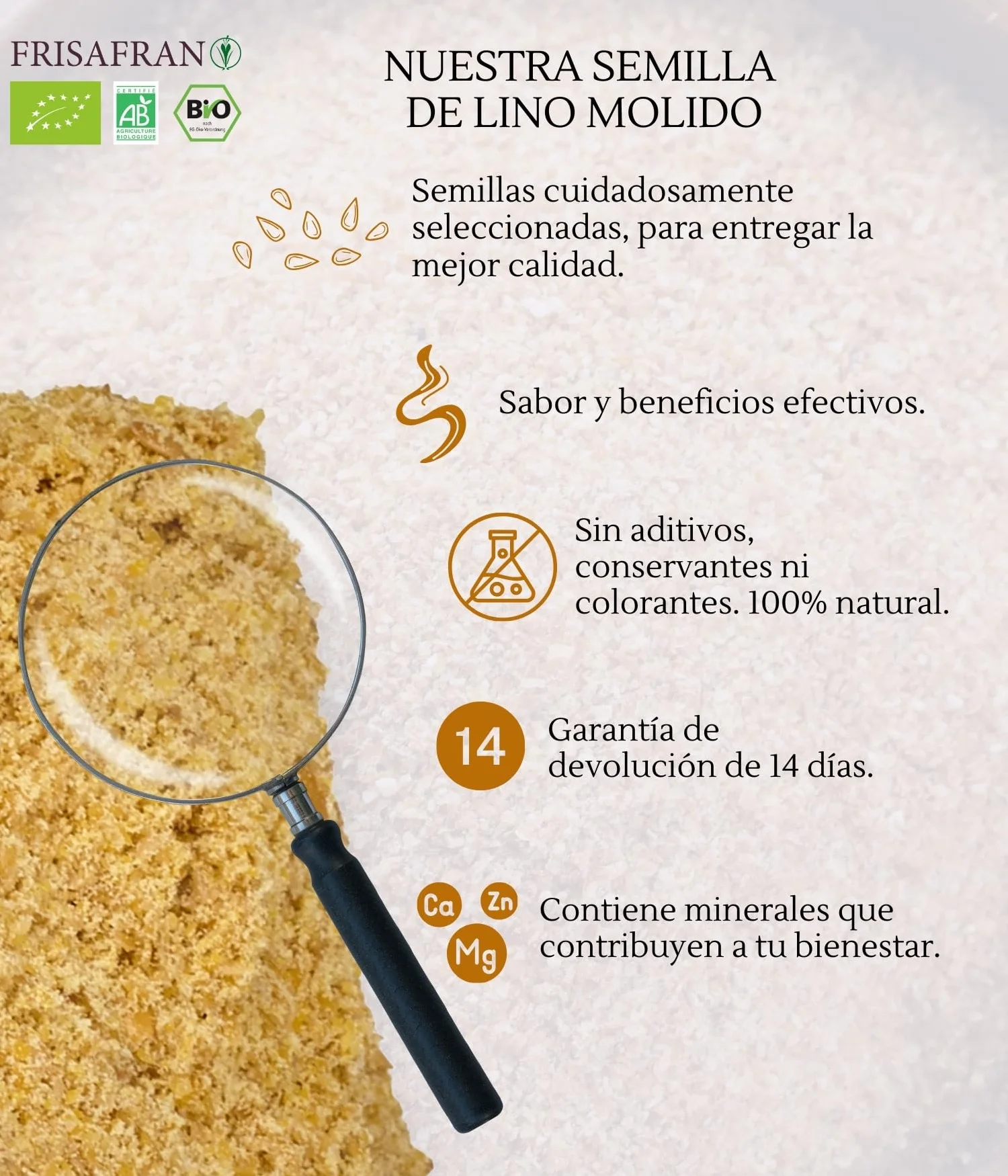 FRISAFRAN | Semilla de Lino Dorado Molida Ecológico 200g | Superalimento Organico | lino dorado | Semillas de lino marrón | Ácidos grasos | Fuente Natural de Fibra | Omega 3 | 100% Vegano | Sin Gluten
