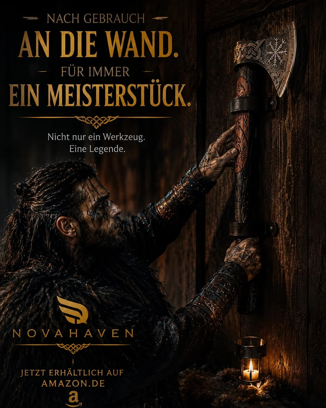 Novahaven Ragnarök Hacha forjada a mano 22 pulgadas acero al carbono mango madera de fresno tallada diseño lobo dragón funda de piel