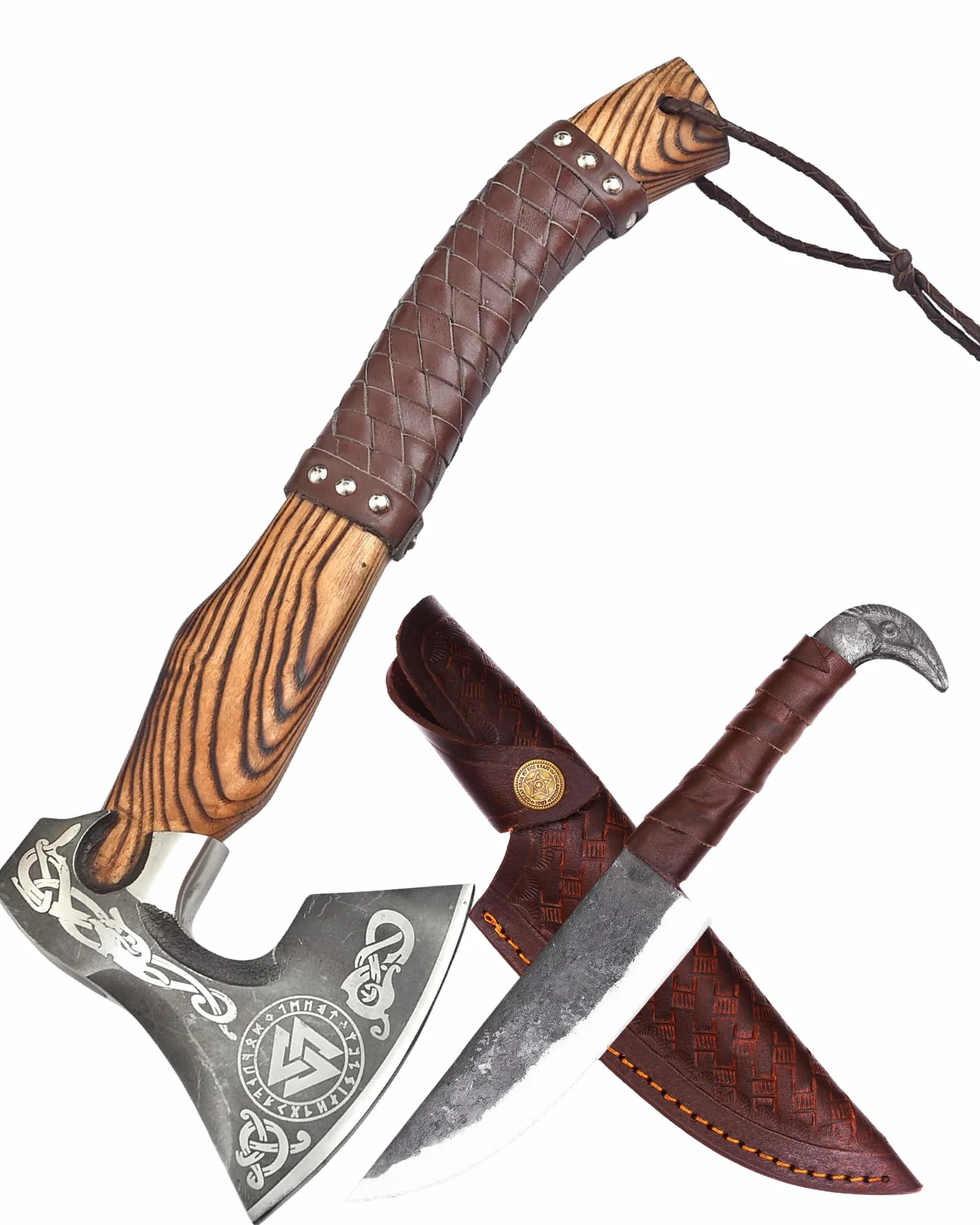 Hacha vikinga hecha a mano 2 en 1 con cuchillo cabeza de gallo, mango 48 cm madera arce, hoja acero carbono 1095, funda cuero