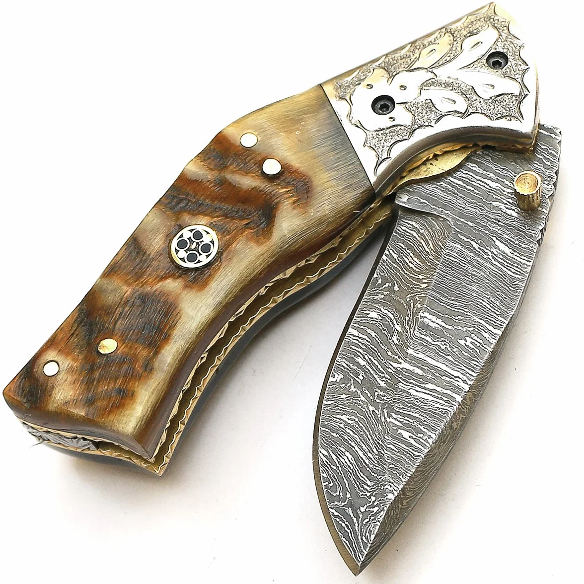 Cuchillo plegable navaja de bolsillo acero Damasco funda cuero artesanal forjado a mano