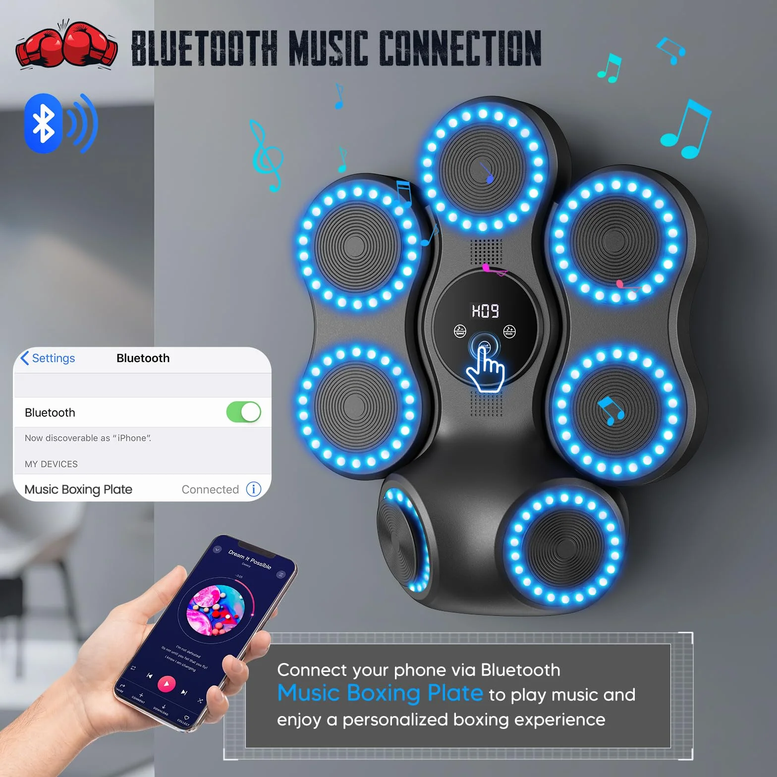 Maquina Boxeo Pared Musical con Bluetooth y Pantalla LED, 9 Velocidades, 11 Modos Entrenamiento
