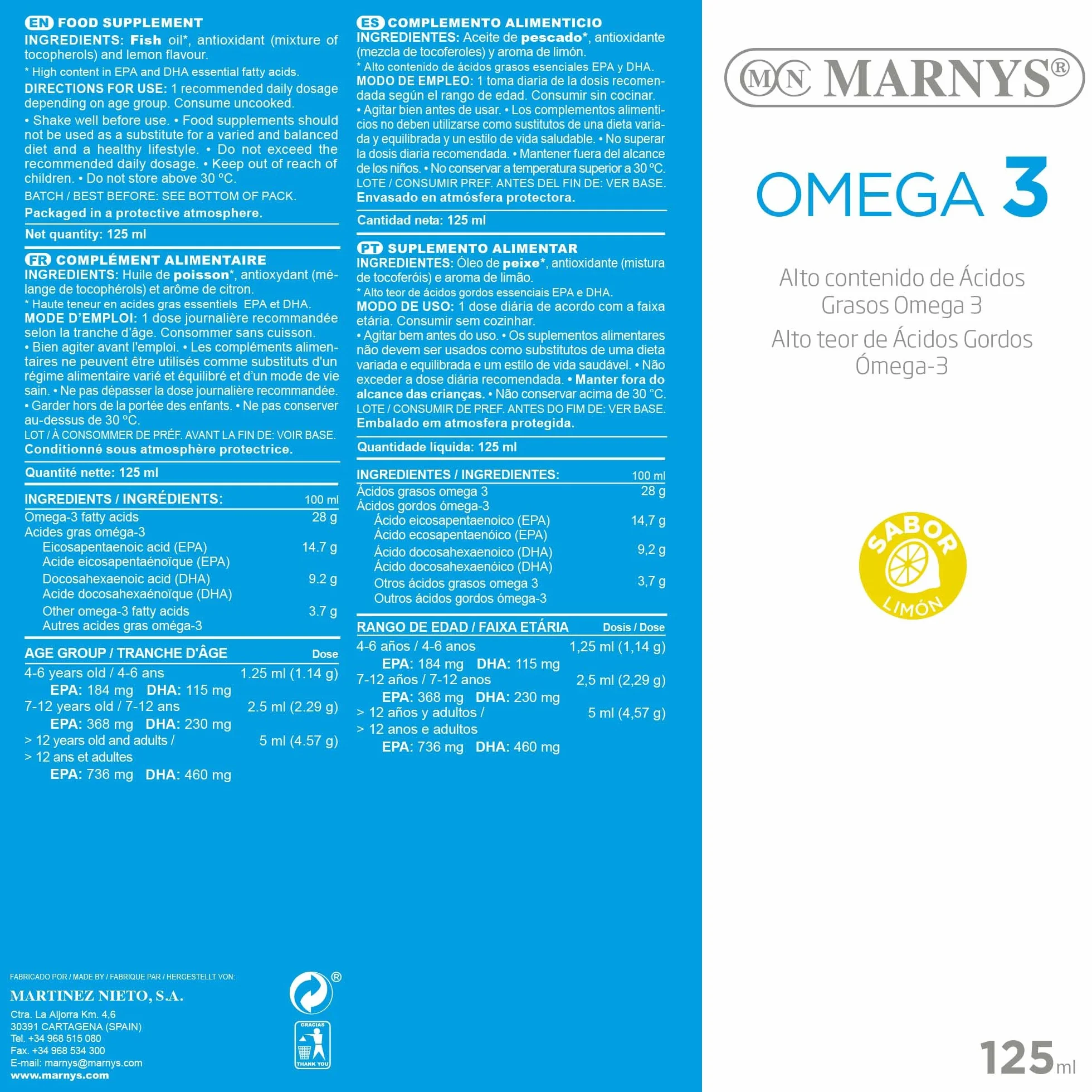 Marnys OMEGA 3 - Formato Líquido y con Sabor a Limón - Facilita la función Cardíaca y Neurológica -Botella 125 ml 258 g