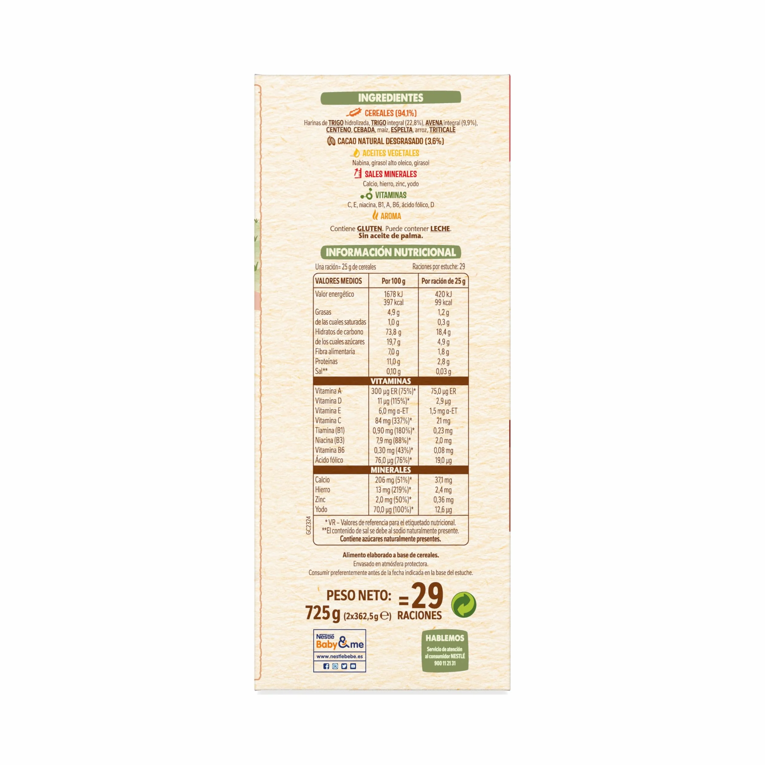 Nestlé Papilla 8 Cereales con Cacao, sin azúcares añadidos, a partir de los 12 meses, 725 g