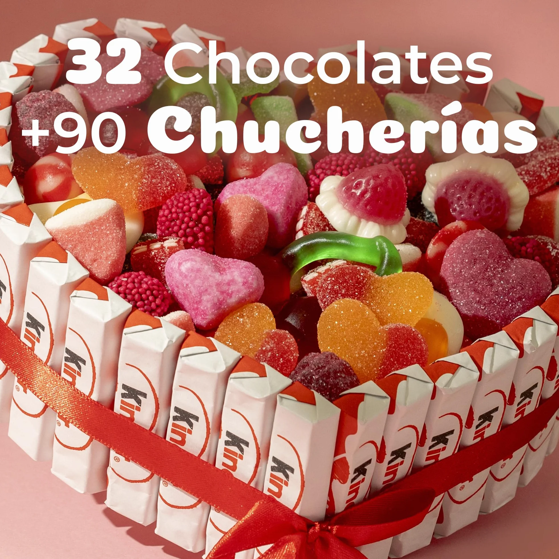 Onza Regalo dia de la madre original - Cesta de Chocolates Kinder y Chucherías para Regalar - Corazón Chocolatinas Kinder - Gran Surtido Chuches y Gominolas
