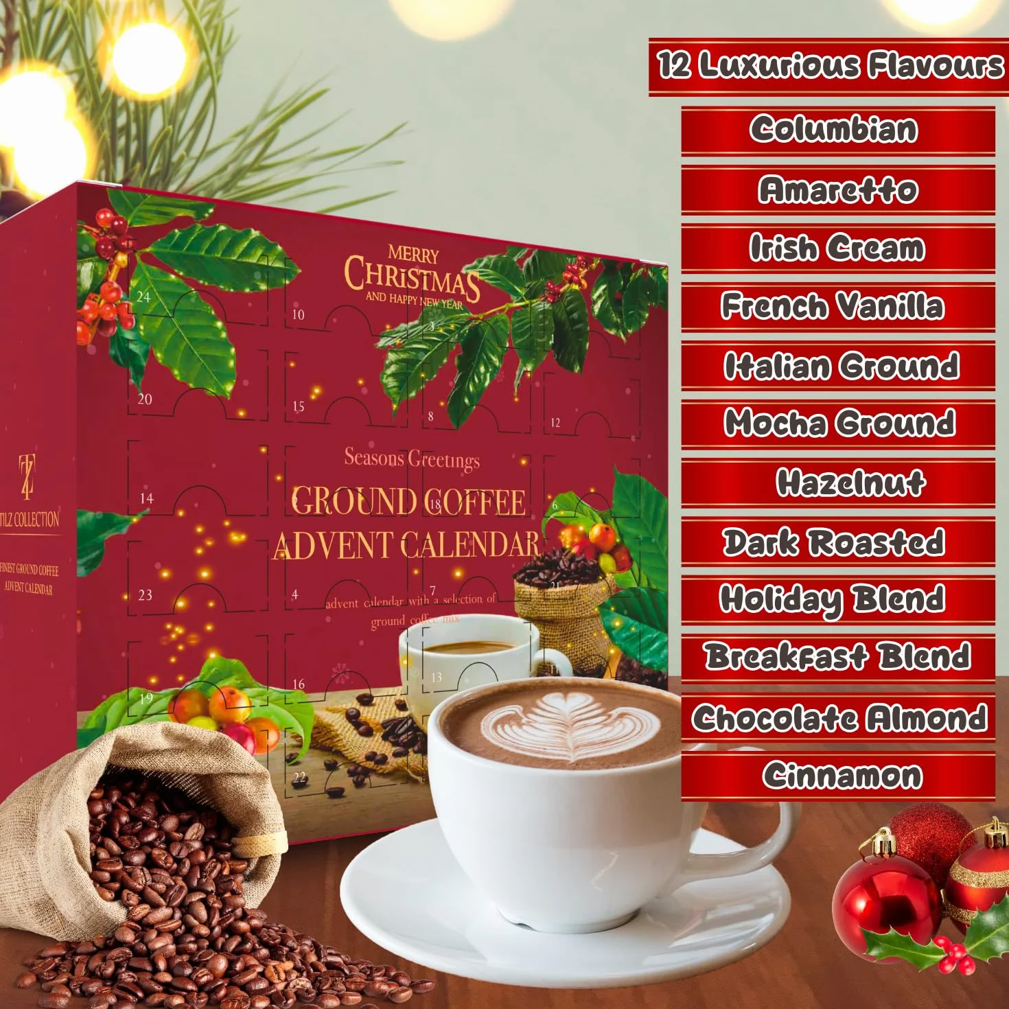 Calendario de Adviento del Café 2023 Navidad | Set de café molido - Regalos de 24 sabores para hombres y mujeres - Regalos de café italiano de vainilla francesa y avellana