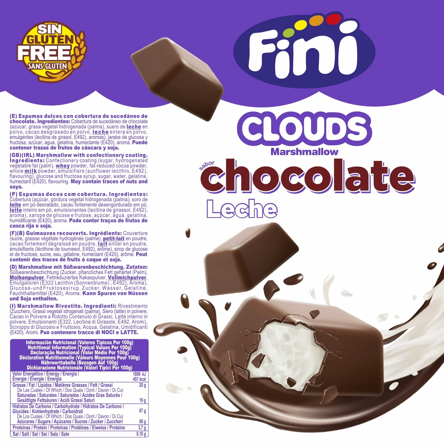 Fini Clouds Bocaditos de Chocolate con Leche | Espumas dulces con Cobertura de Chocolate | Chuches y Golosinas Sin Gluten - 80 gr