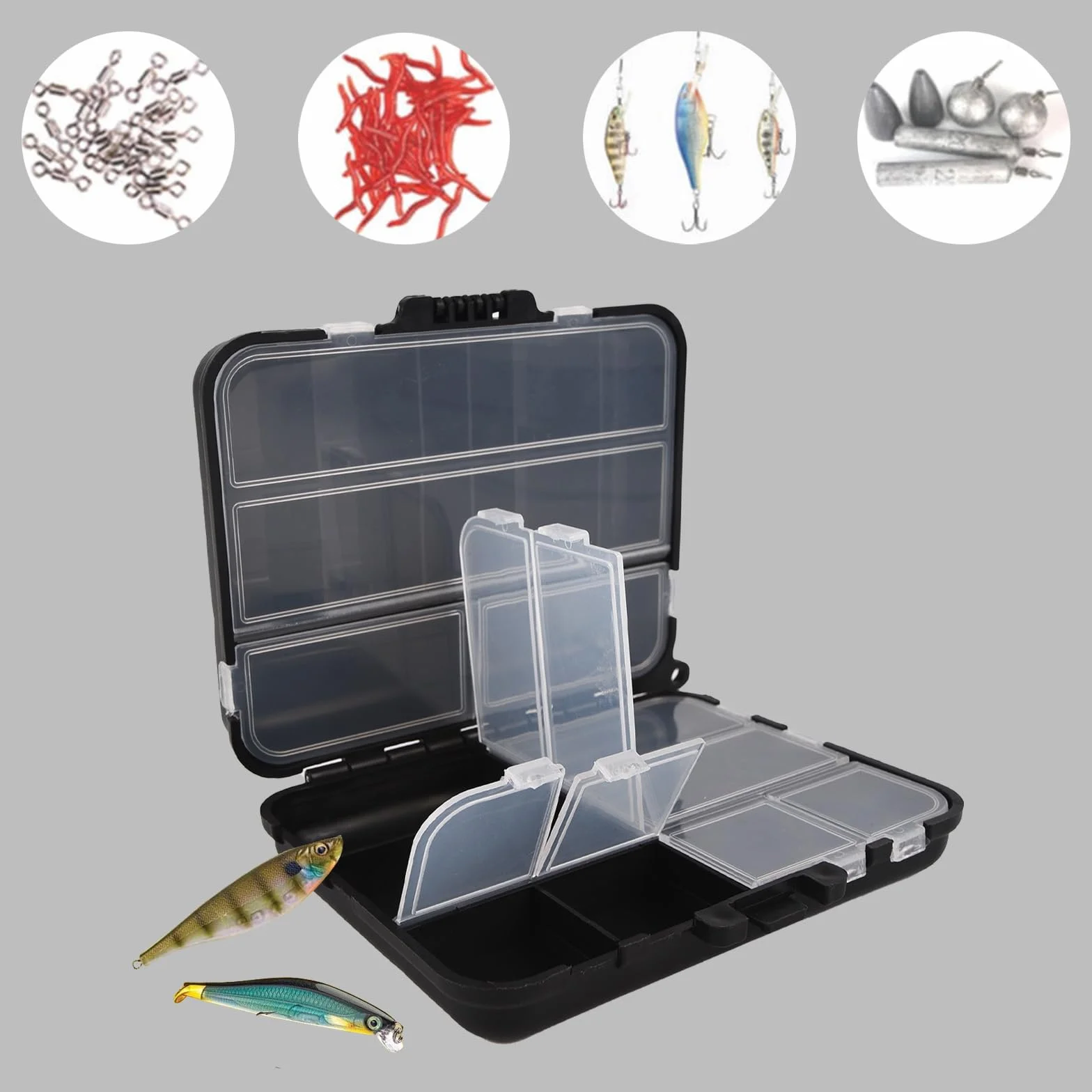 Caja de aparejos de pesca de doble capa, 16 compartimentos, contenedor de aparejos