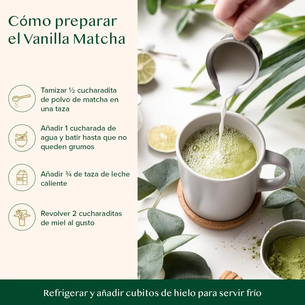 VAHDAM Polvo de Matcha Vainilla 100g-50 Tazas | Matcha Uji & Vainilla de Madagascar | 100% Natural | Té Verde Japonés Premium | Para Latte & Té