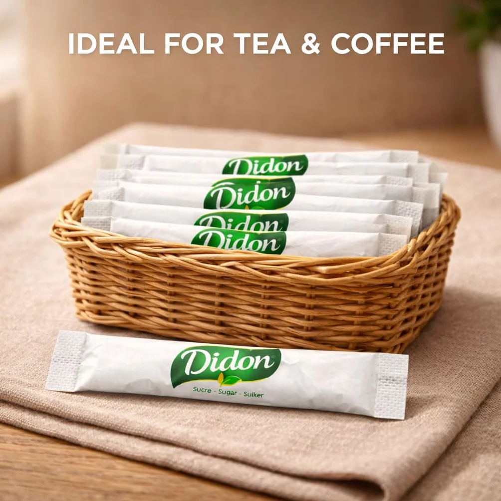 DIDON Lote de 1500 Sobres (750 x 2) - Bûchettes de Azúcar Individuales de 4g (TOTAL 6 kg) con un lote de agitadores de madera – Ideal para Bebidas Calientes, Cafés y Tés