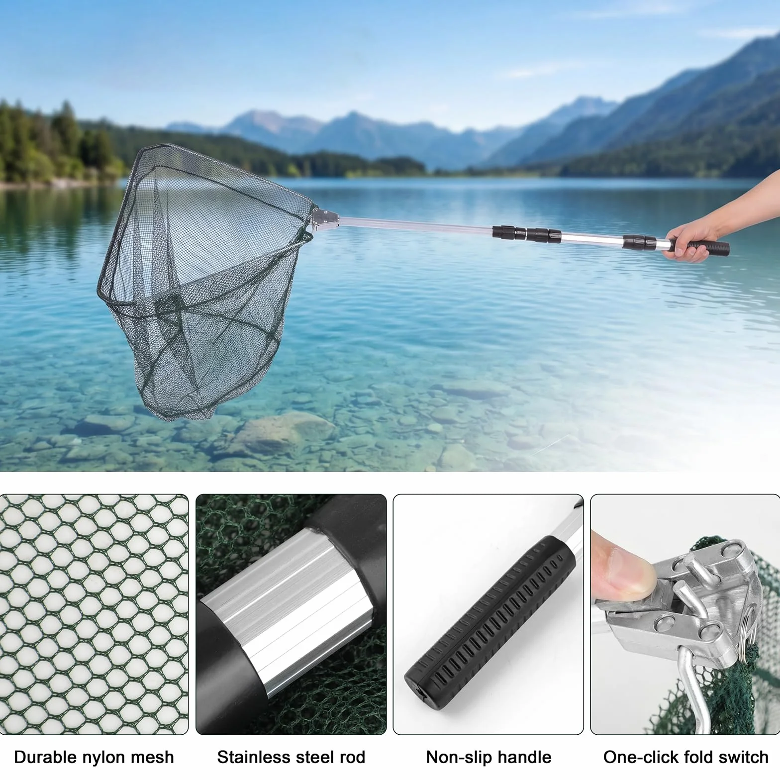 Red de Pesca Plegable Telescópica con Mango Antideslizante para Capturas Accesorio de Pesca al Aire Libre para Estanques