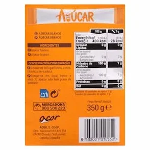 Azúcar blanco en sobres Hacendado Caja 50 sticks (350 g) Pack 2