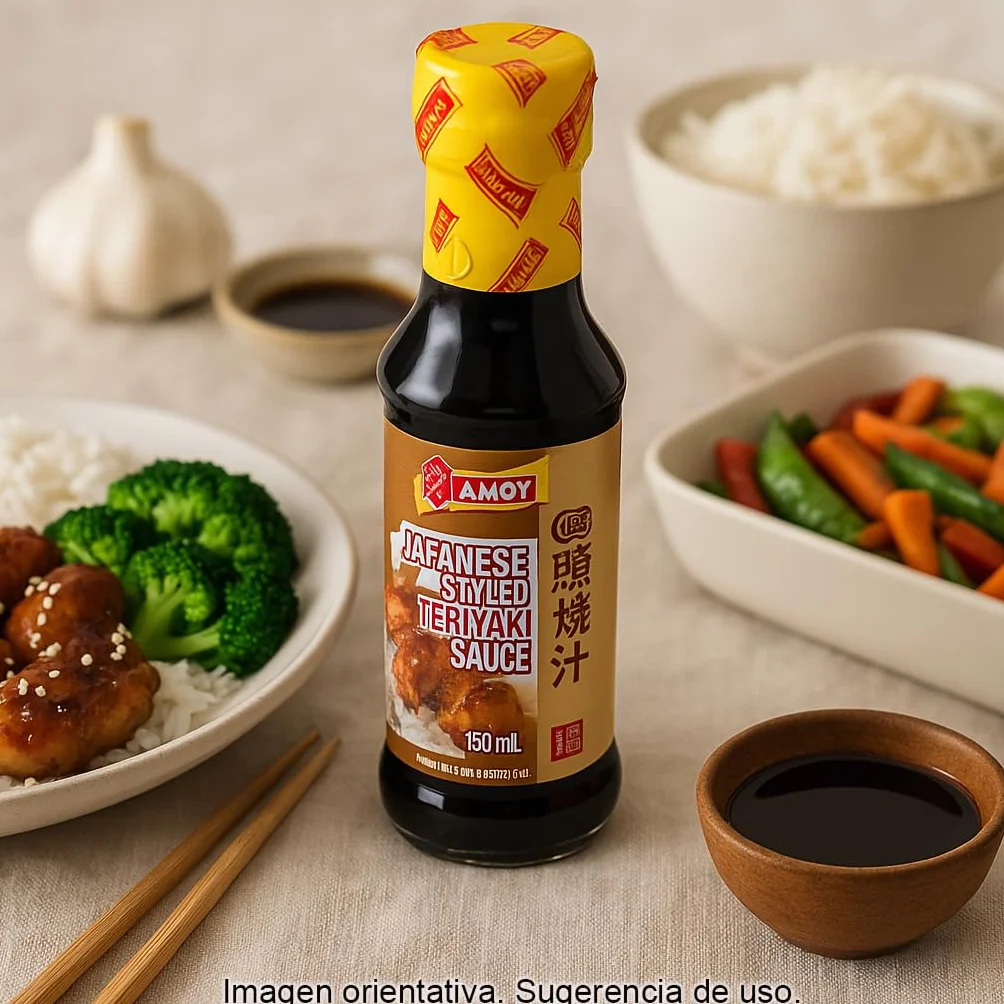Salsa Teriyaki Japonesa 150 ml en botella de vidrio, soja de primera extracción para marinar y glasear pollo, salmón, tofu, wok y noodles