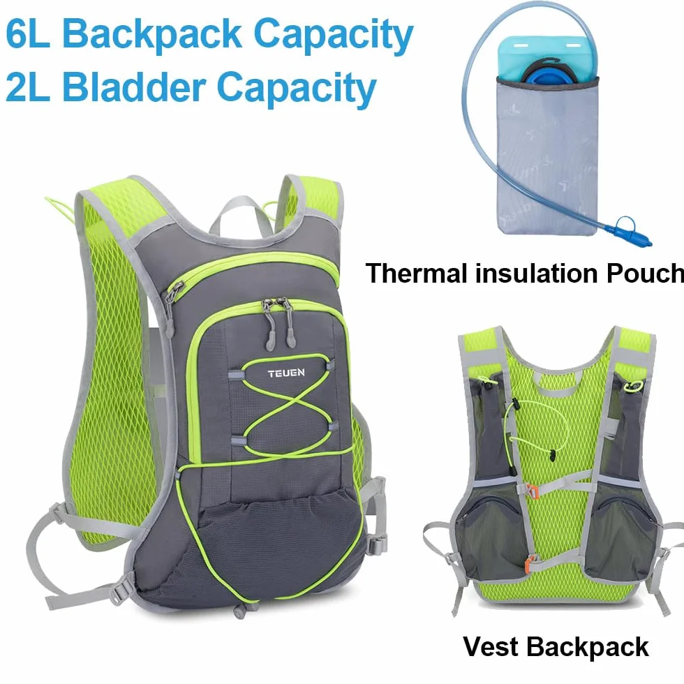 TEUEN Mochila de Hidratación 2L Bolsa de Agua 6L Trail Running Ligera Senderismo Ciclismo Unisex