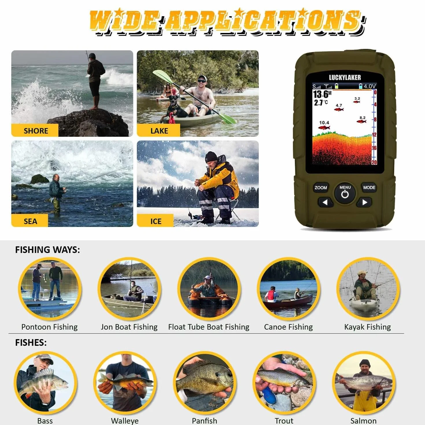 LUCKY Portátil Buscador de Pesca Sonar Impermeable LCD Pantalla Sonda de Pesca Kayak