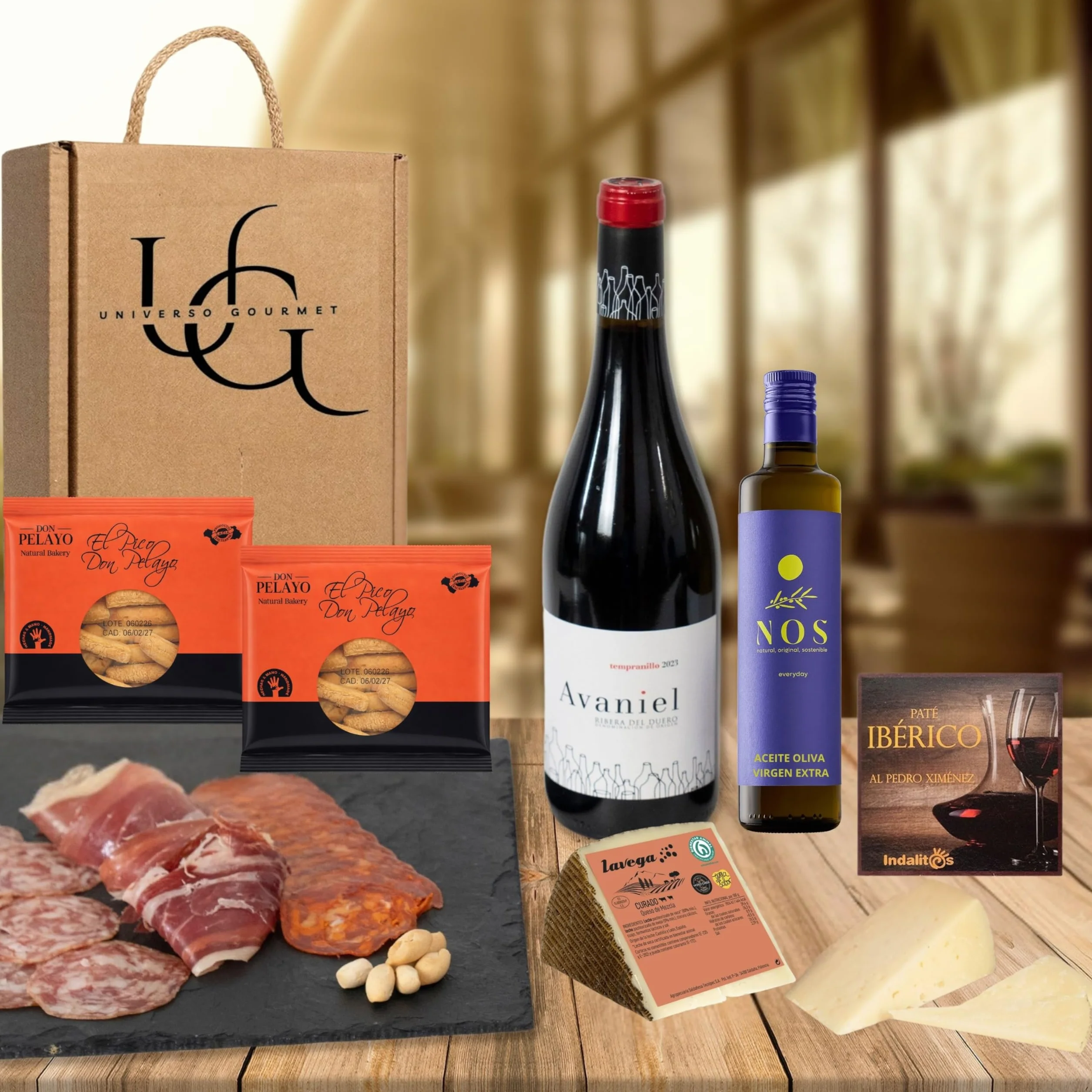 Cesta Gourmet Regalo Vino DO Ribera Aceite Oliva Virgen Extra Embutidos Ibericos Bellota Paleta Ibérica Queso Curado